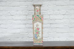 Vintage Chinese Square Shaped Vase with Pink Flowers, Green Foliage and Birds
