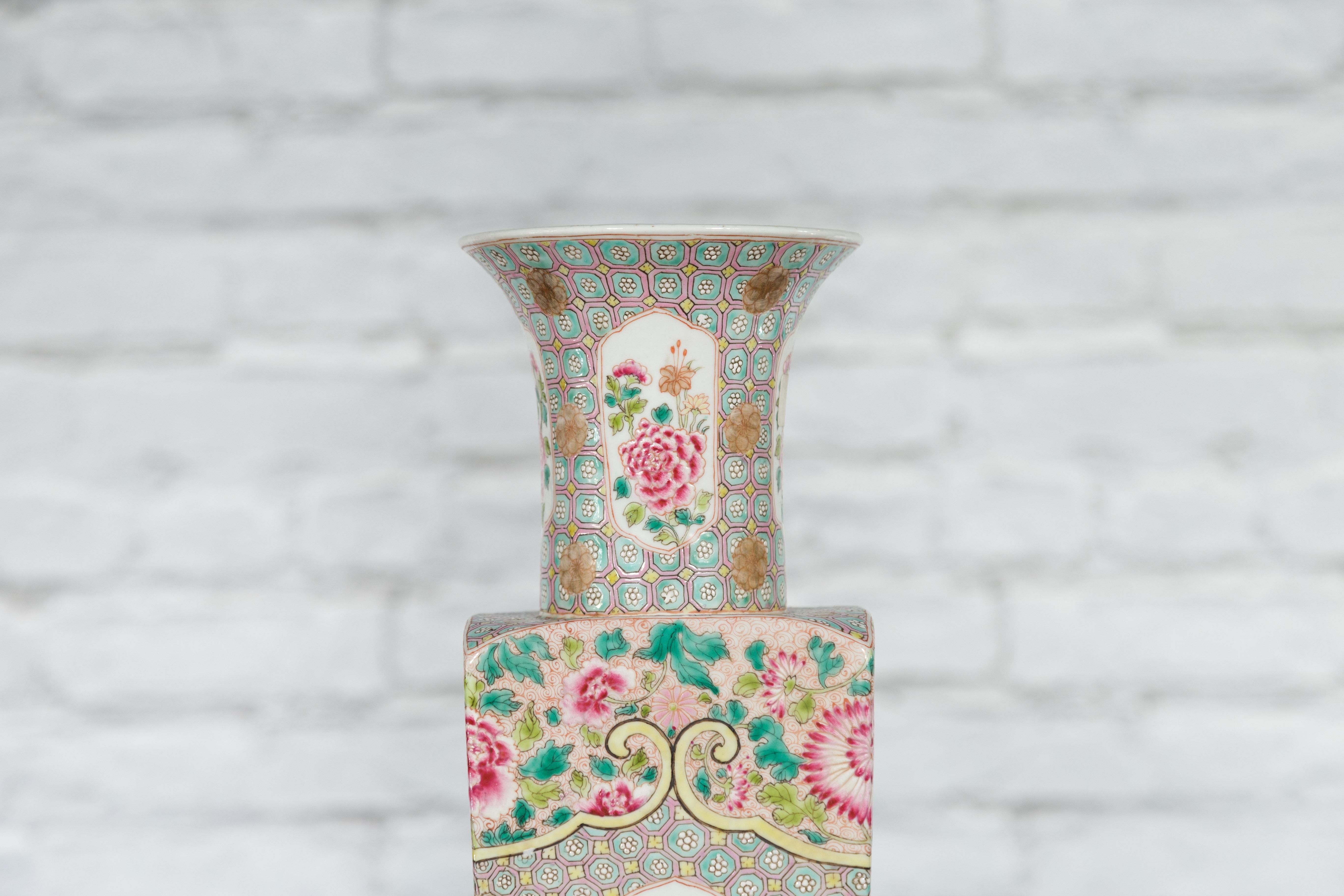20th Century Vintage Chinese Square Shaped Vase with Pink Flowers, Green Foliage and Birds For Sale