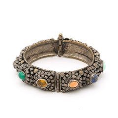 Vintage Chinese Sterling Filigree Multi-Stone Cuff Bracelet with Floral Motifs