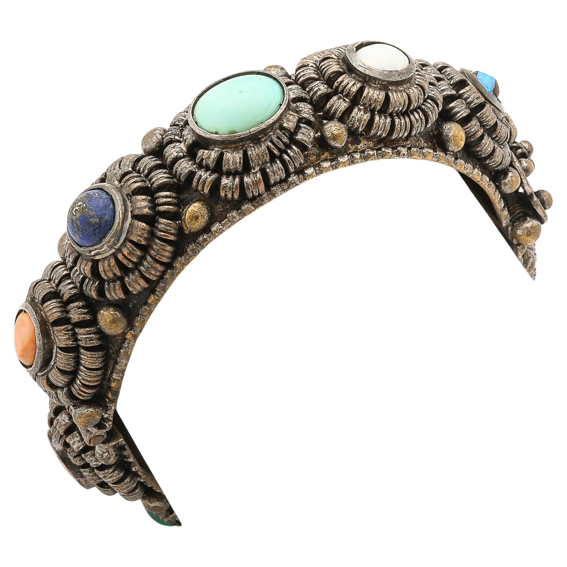 Vintage Chinese Sterling Filigree Multi-Stone Cuff Bracelet with Floral Motifs For Sale