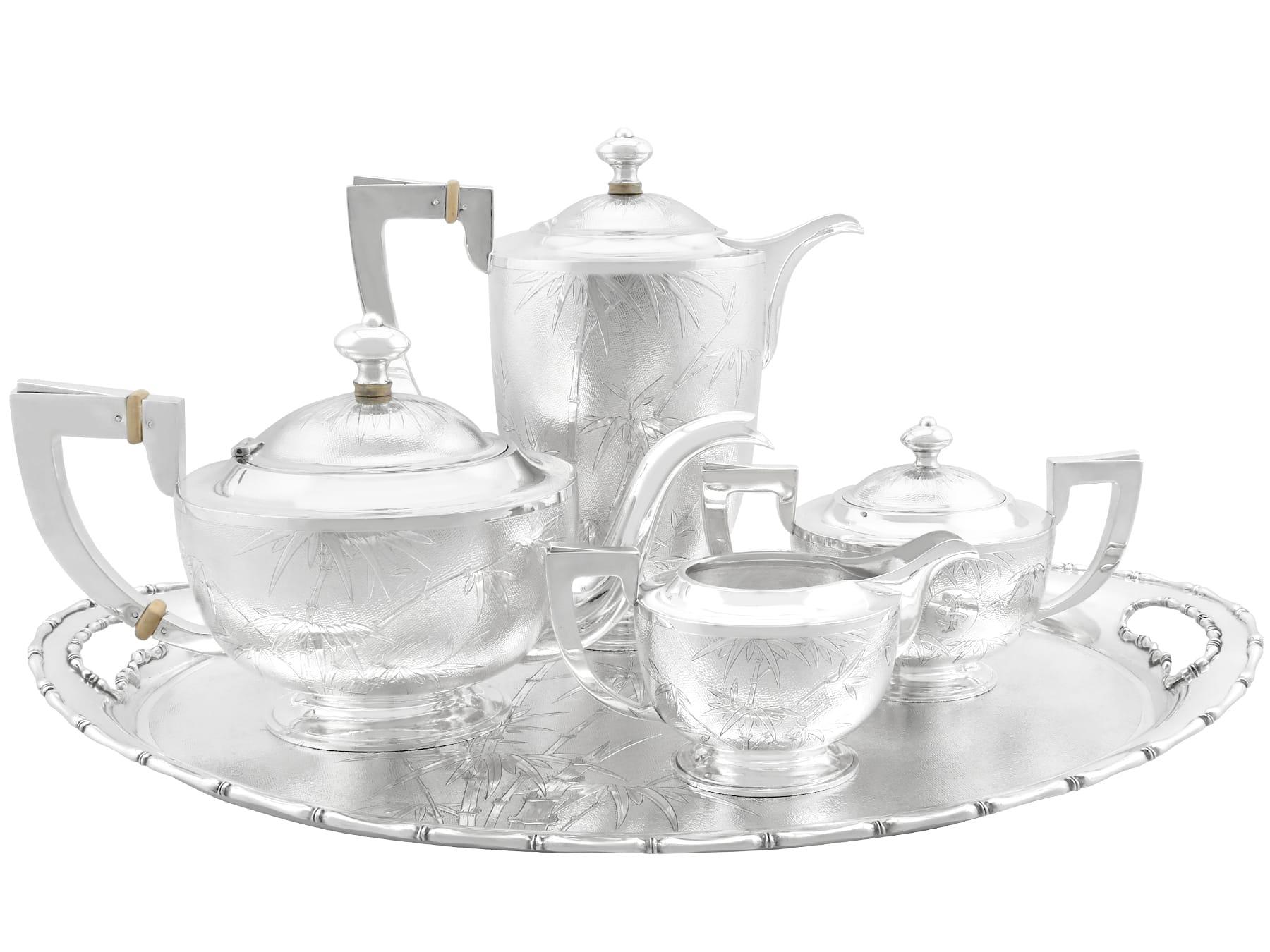 An exceptional, fine and impressive vintage Chinese sterling silver four piece tea and coffee set with matching tea tray - boxed; an addition to our silver teaware collection.

This exceptional vintage Chinese sterling silver tea and coffee service