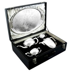 Vintage Chinese Sterling Silver Four Piece Tea and Coffee Service with Tray