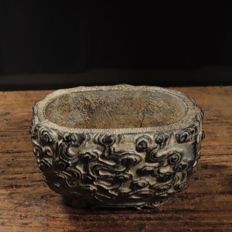 Vintage Chinese Stone Carving Auspicious Clouds Flower Pot For Sale 1