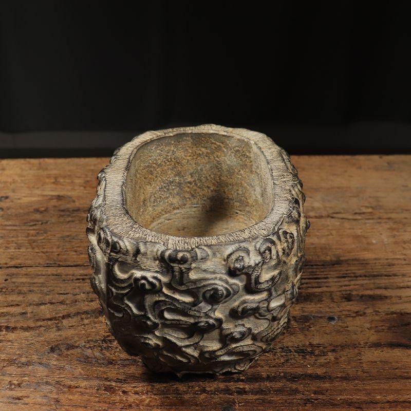 Vintage Chinese Stone Carving Auspicious Clouds Flower Pot For Sale 2