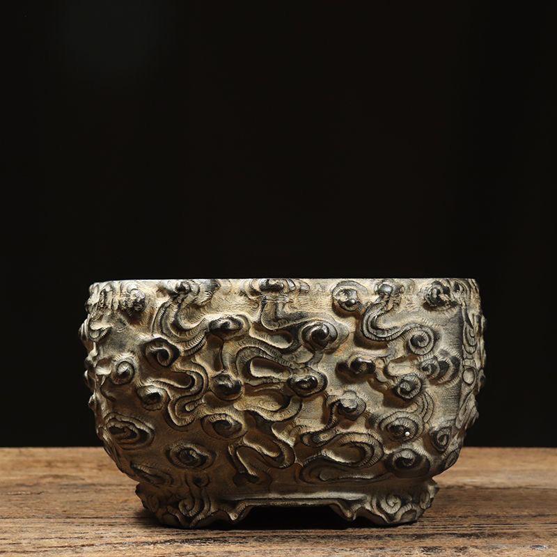 Vintage Chinese Stone Carving Auspicious Clouds Flower Pot For Sale 3
