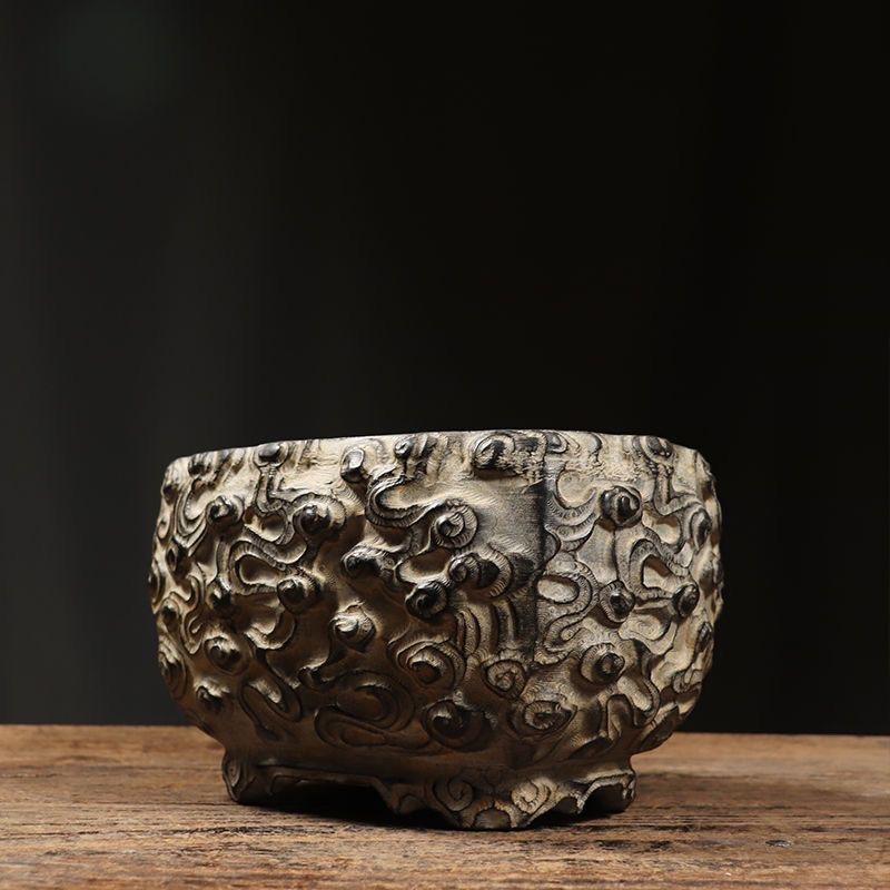 Vintage Chinese Stone Carving Auspicious Clouds Flower Pot For Sale 4