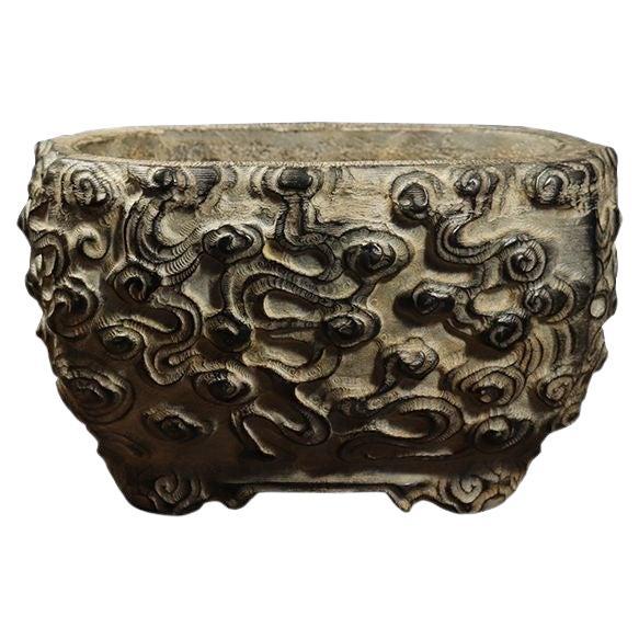 Vintage Chinese Stone Carving Auspicious Clouds Flower Pot For Sale