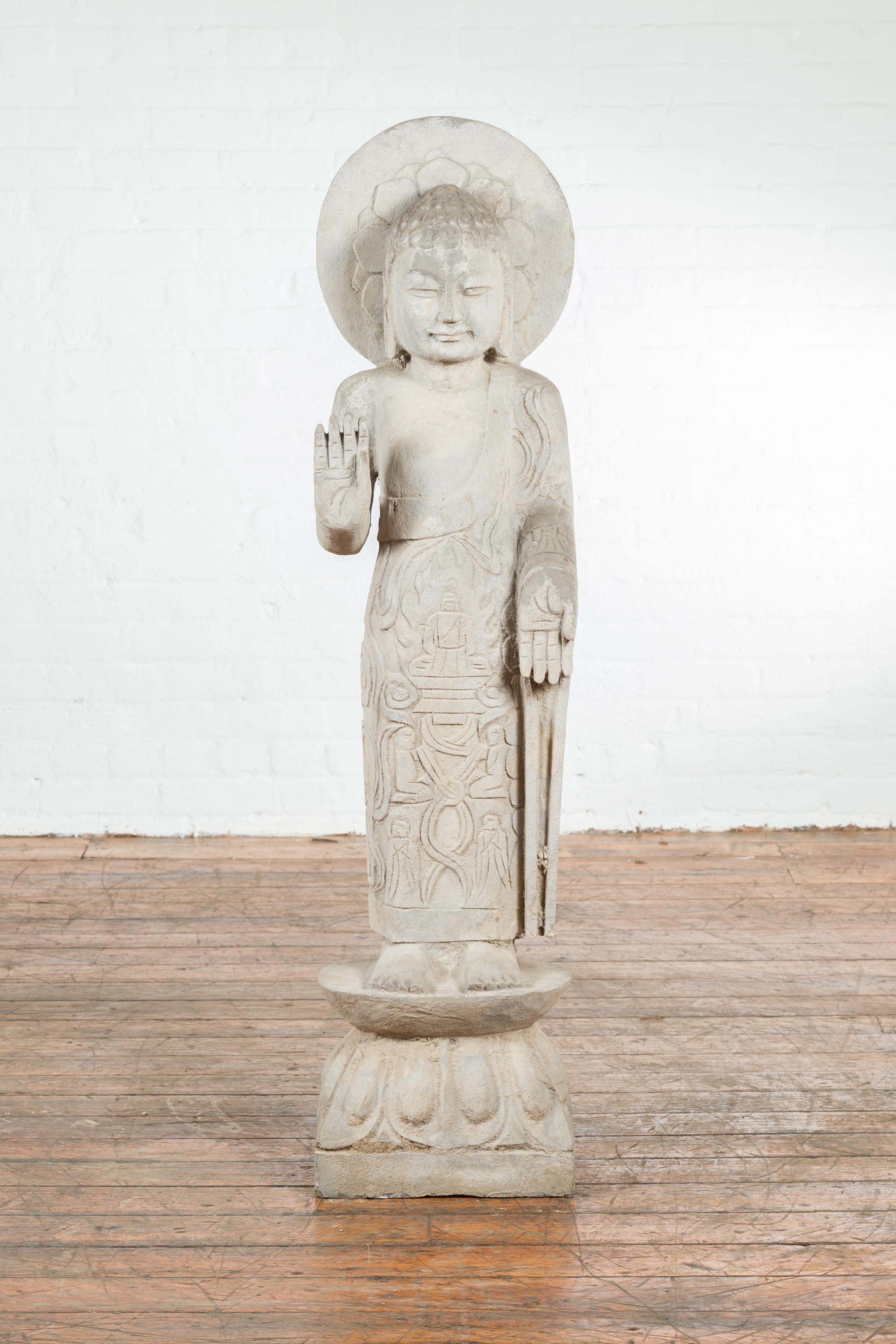 Carved Vintage Chinese Stone Standing Buddha with Abhayamudrā Gesture of Fearlessness