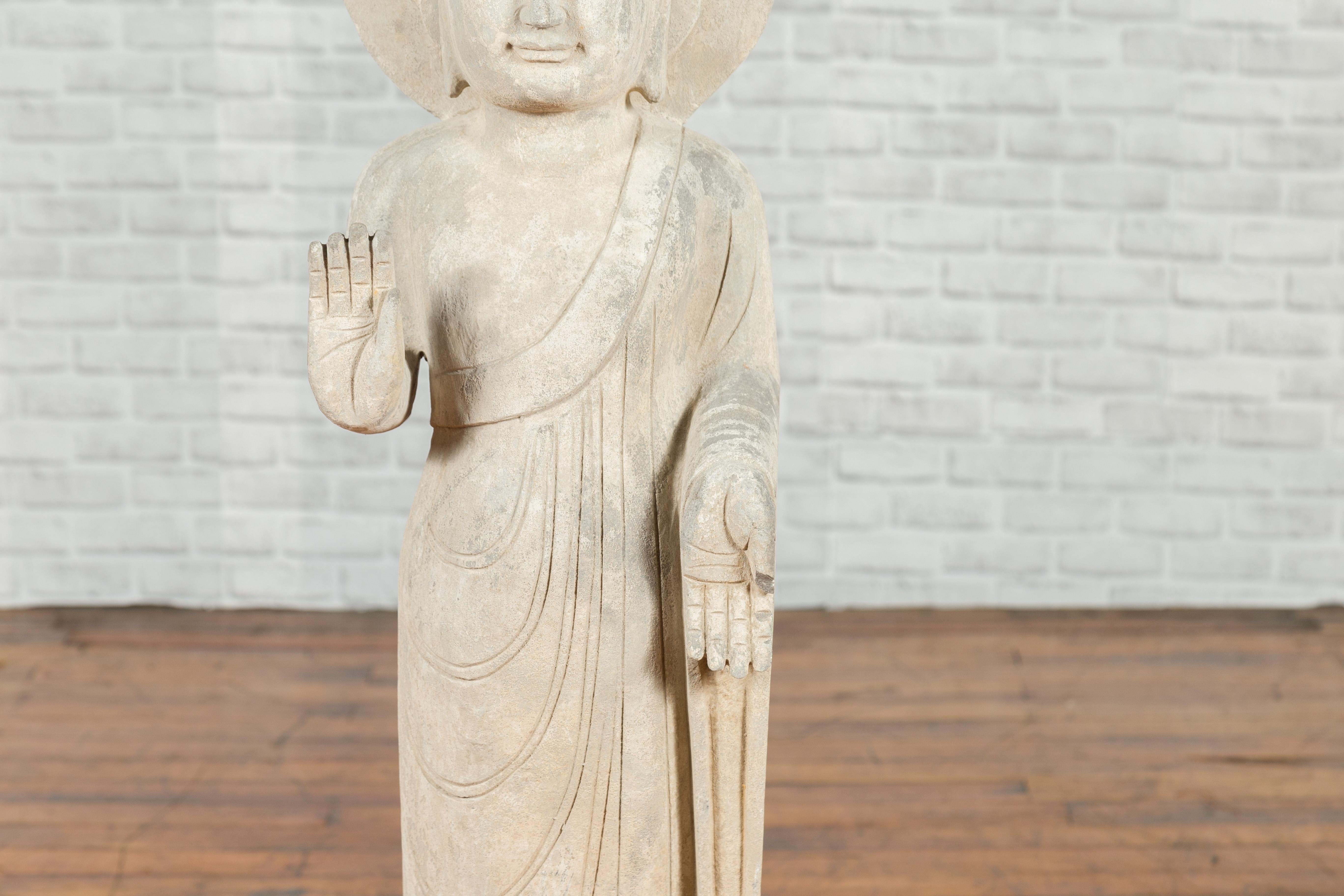 Vintage Chinese Stone Standing Buddha with Abhayamudrā Gesture of Fearlessness In Good Condition In Yonkers, NY