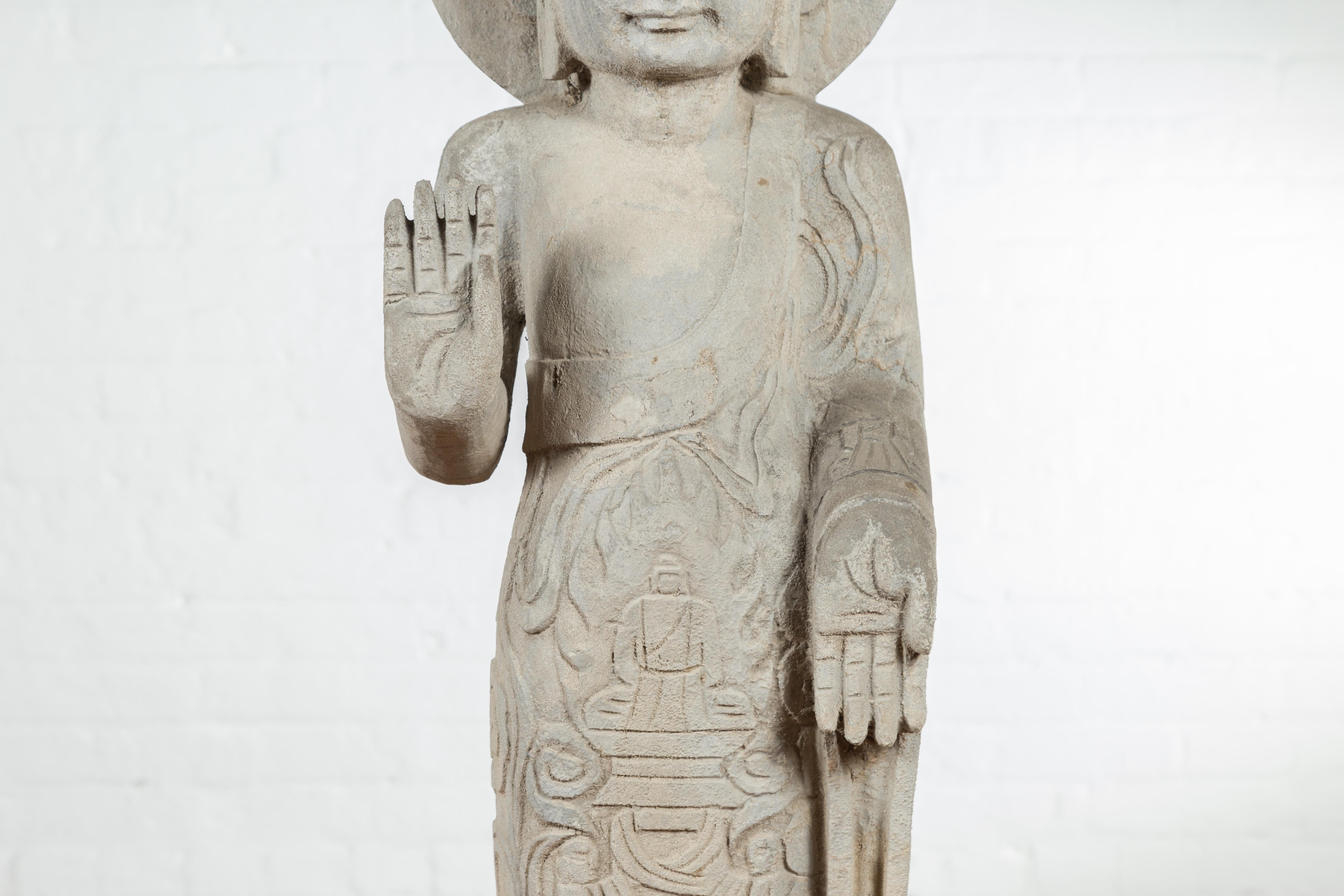 Vintage Chinese Stone Standing Buddha with Abhayamudrā Gesture of Fearlessness In Good Condition In Yonkers, NY