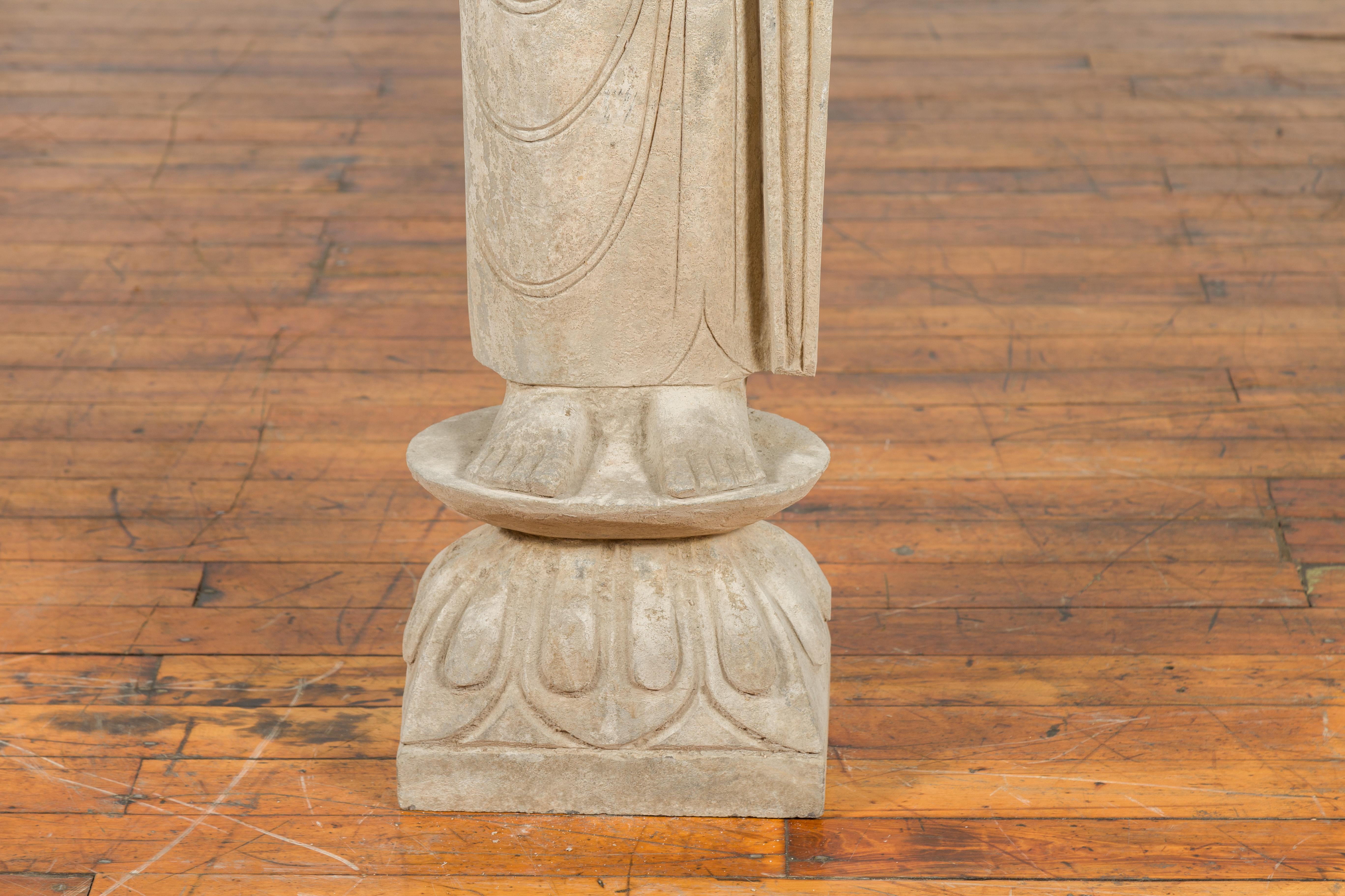 20th Century Vintage Chinese Stone Standing Buddha with Abhayamudrā Gesture of Fearlessness