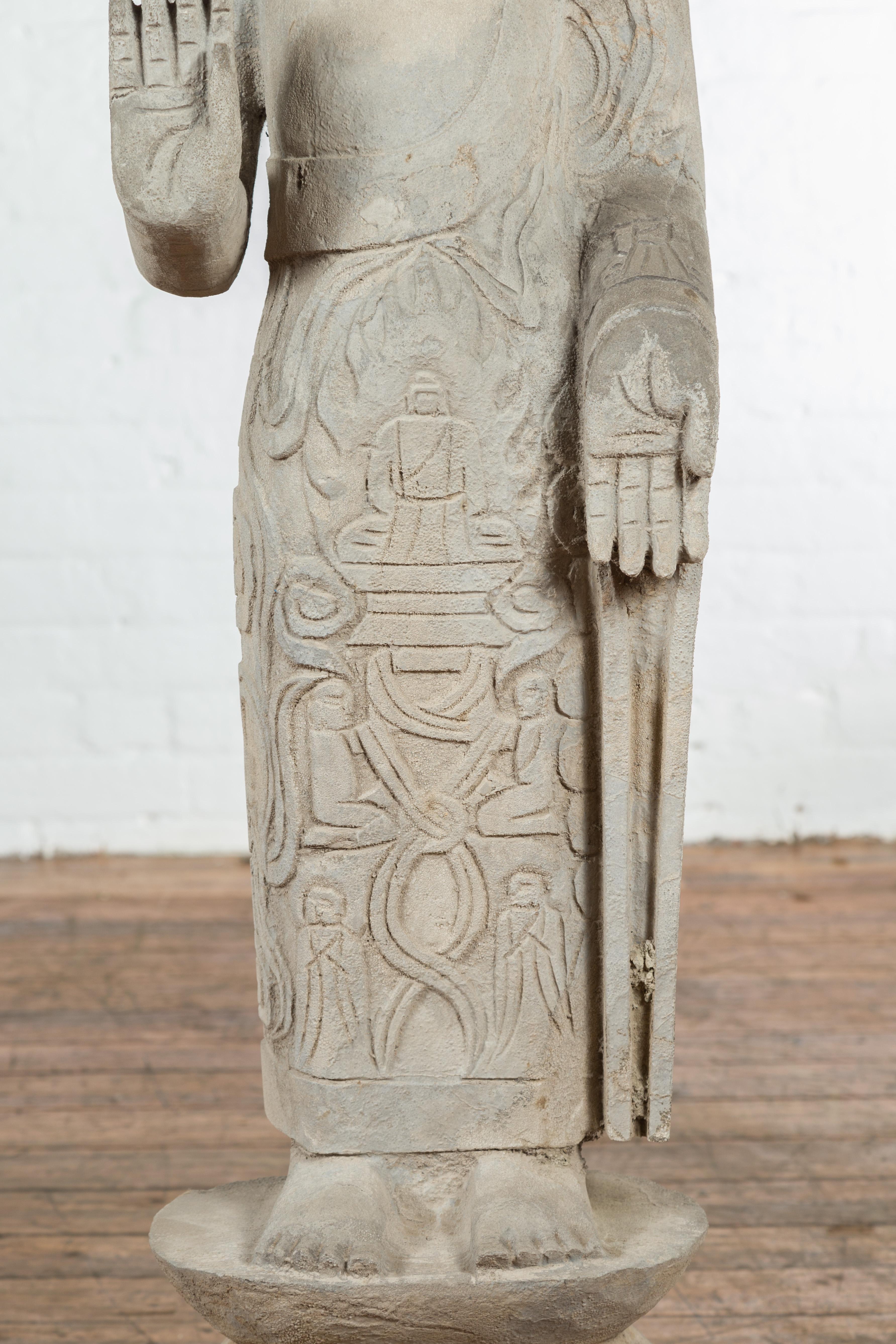 20th Century Vintage Chinese Stone Standing Buddha with Abhayamudrā Gesture of Fearlessness