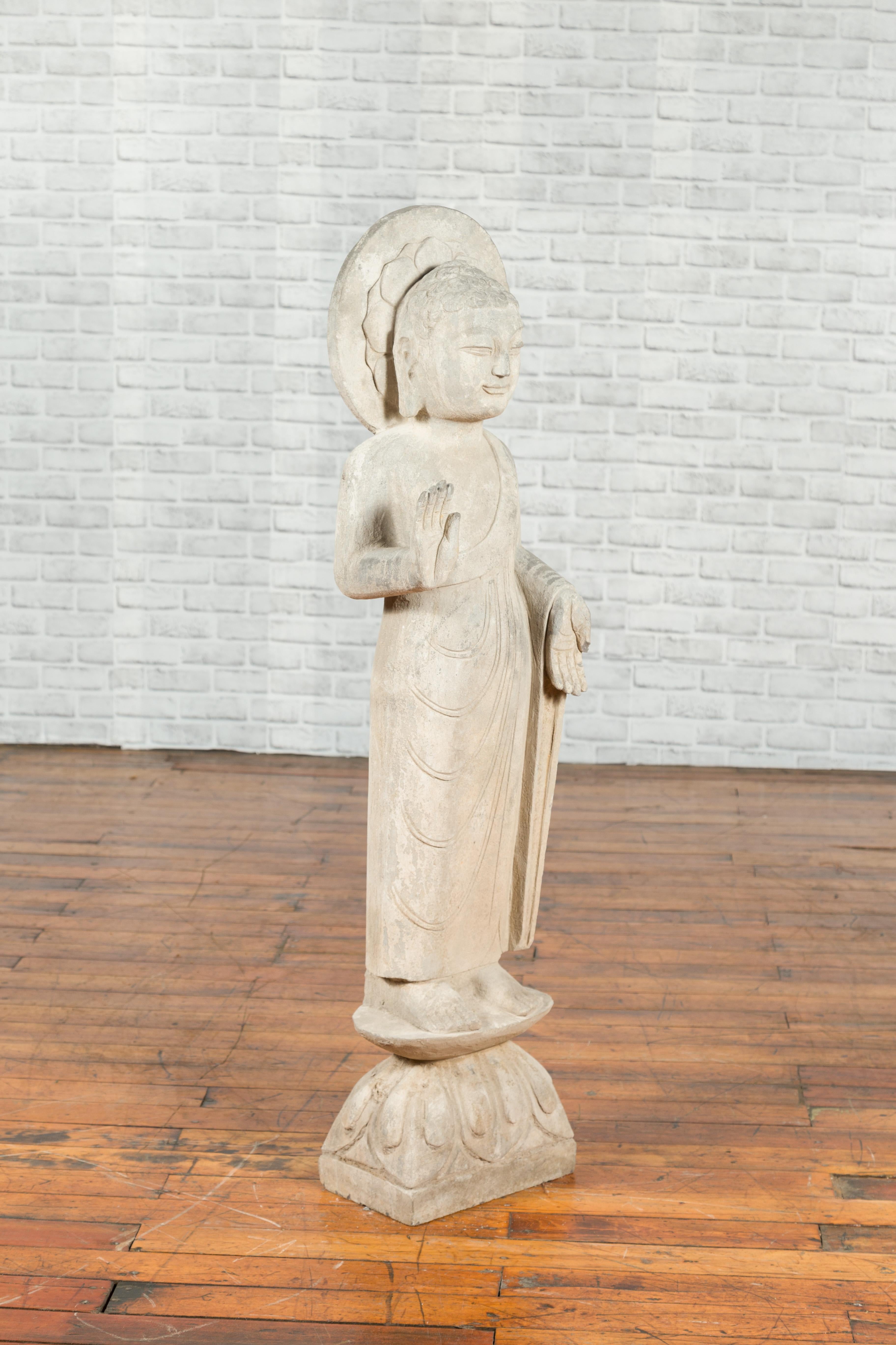 Vintage Chinese Stone Standing Buddha with Abhayamudrā Gesture of Fearlessness 2