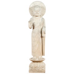 Vintage Chinese Stone Standing Buddha with Abhayamudrā Gesture of Fearlessness