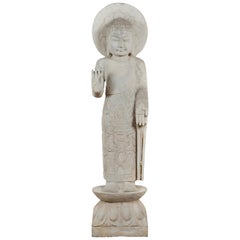 Vintage Chinese Stone Standing Buddha with Abhayamudrā Gesture of Fearlessness