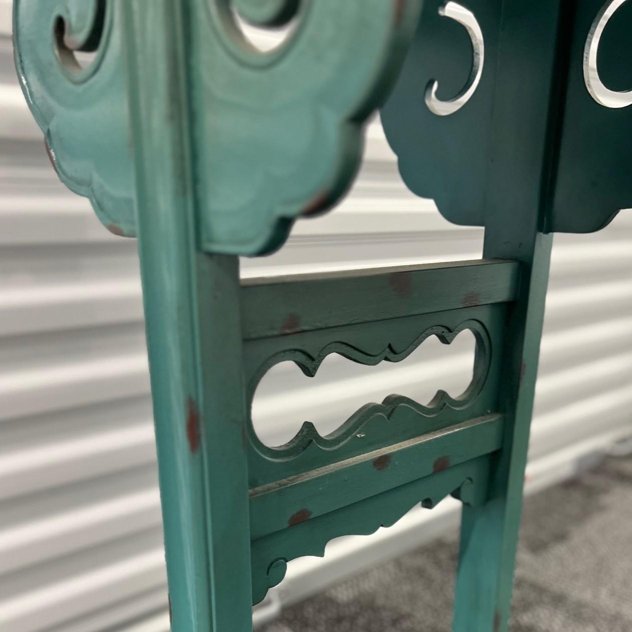 Lacquered Vintage Chinese-Style Altar Console Table in Distressed Turquoise Lacquer