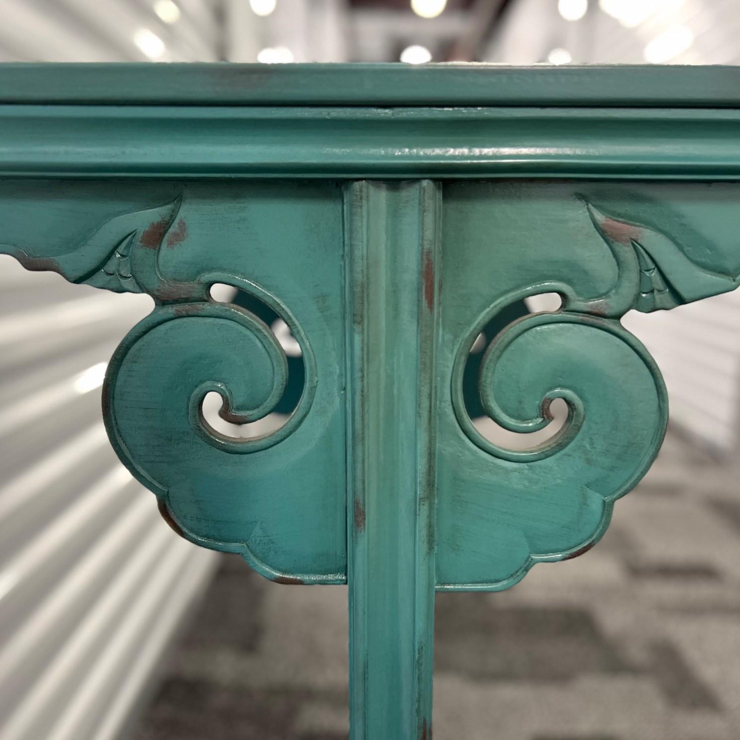 Vintage Chinese-Style Altar Console Table in Distressed Turquoise Lacquer In Good Condition In Morristown, NJ