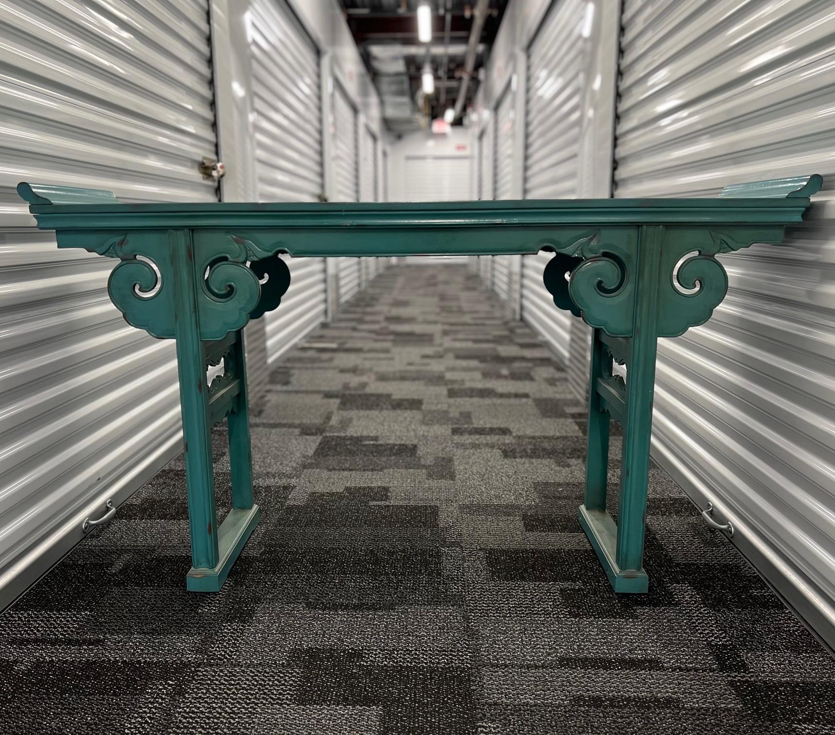 Late 20th Century Vintage Chinese-Style Altar Console Table in Distressed Turquoise Lacquer
