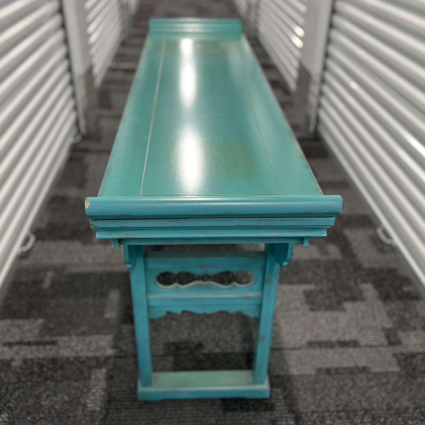 Vintage Chinese-Style Altar Console Table in Distressed Turquoise Lacquer 2
