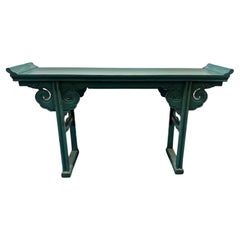 Vintage Chinese-Style Altar Console Table in Distressed Turquoise Lacquer