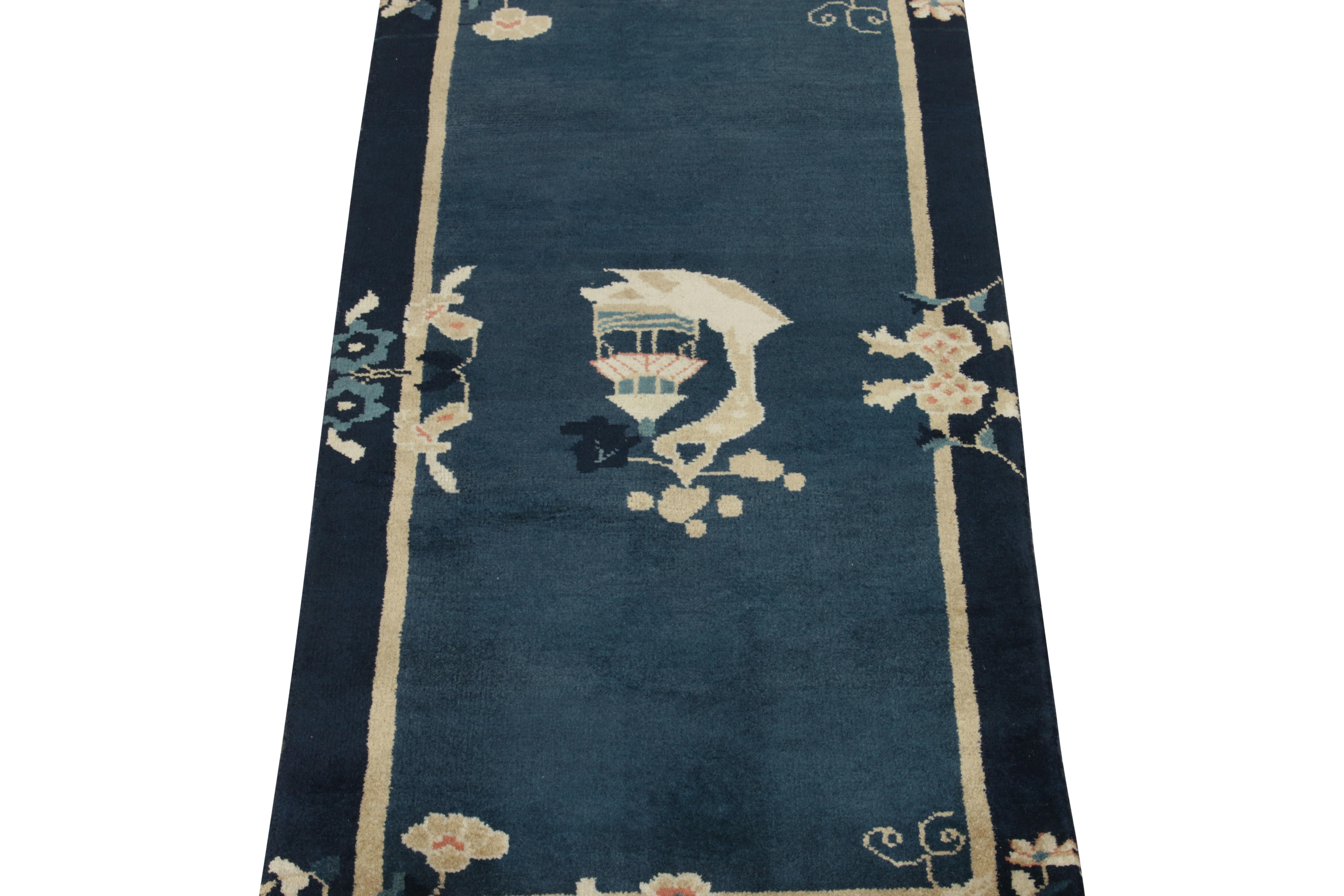 Indian Vintage Chinese Art Deco Rug in Blue & Beige Pictorial Medallion by Rug & kilim