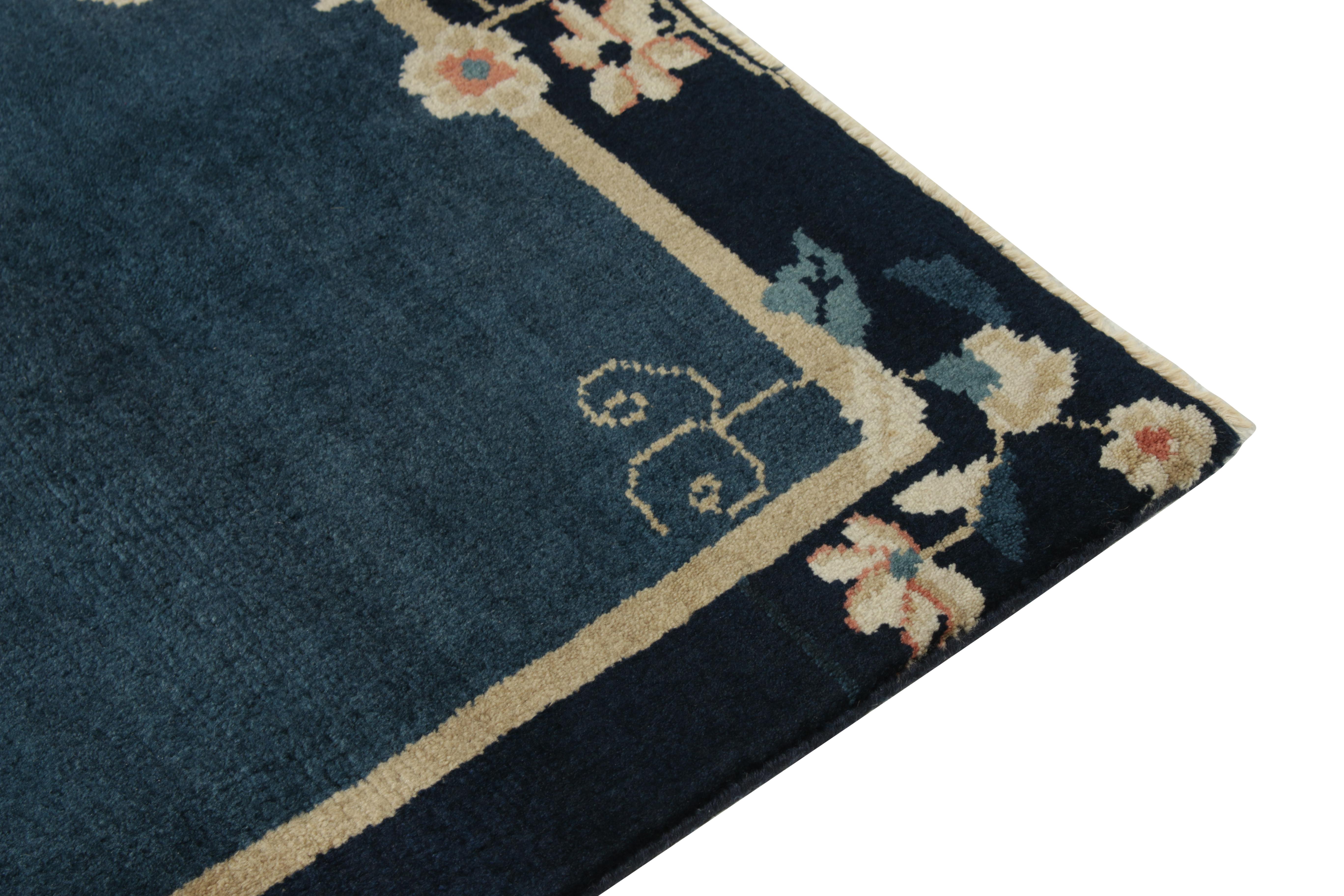 Hand-Knotted Vintage Chinese Art Deco Rug in Blue & Beige Pictorial Medallion by Rug & kilim