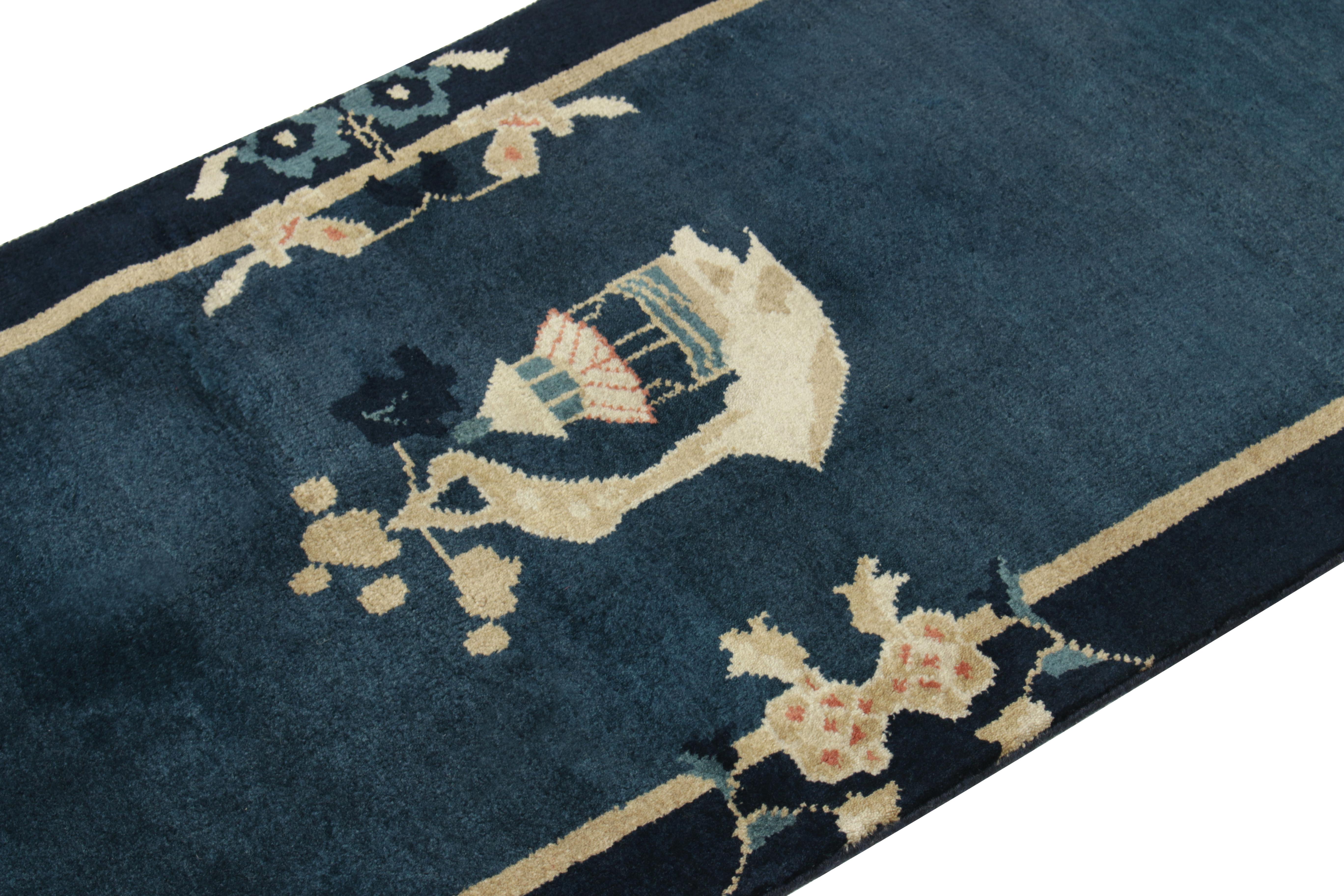 Vintage Chinese Art Deco Rug in Blue & Beige Pictorial Medallion by Rug & kilim In Good Condition In Long Island City, NY