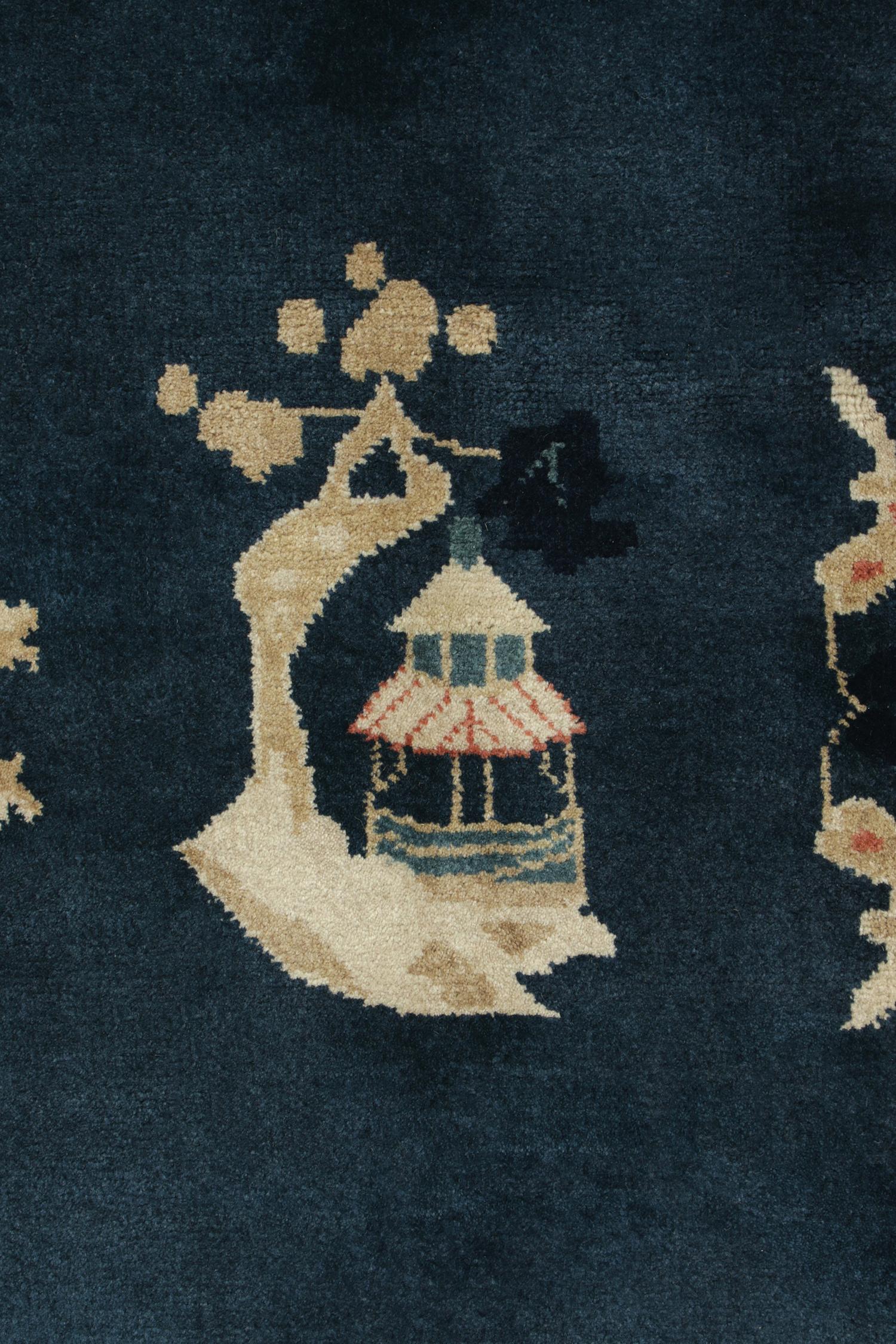 Late 20th Century Vintage Chinese Art Deco Rug in Blue & Beige Pictorial Medallion by Rug & kilim