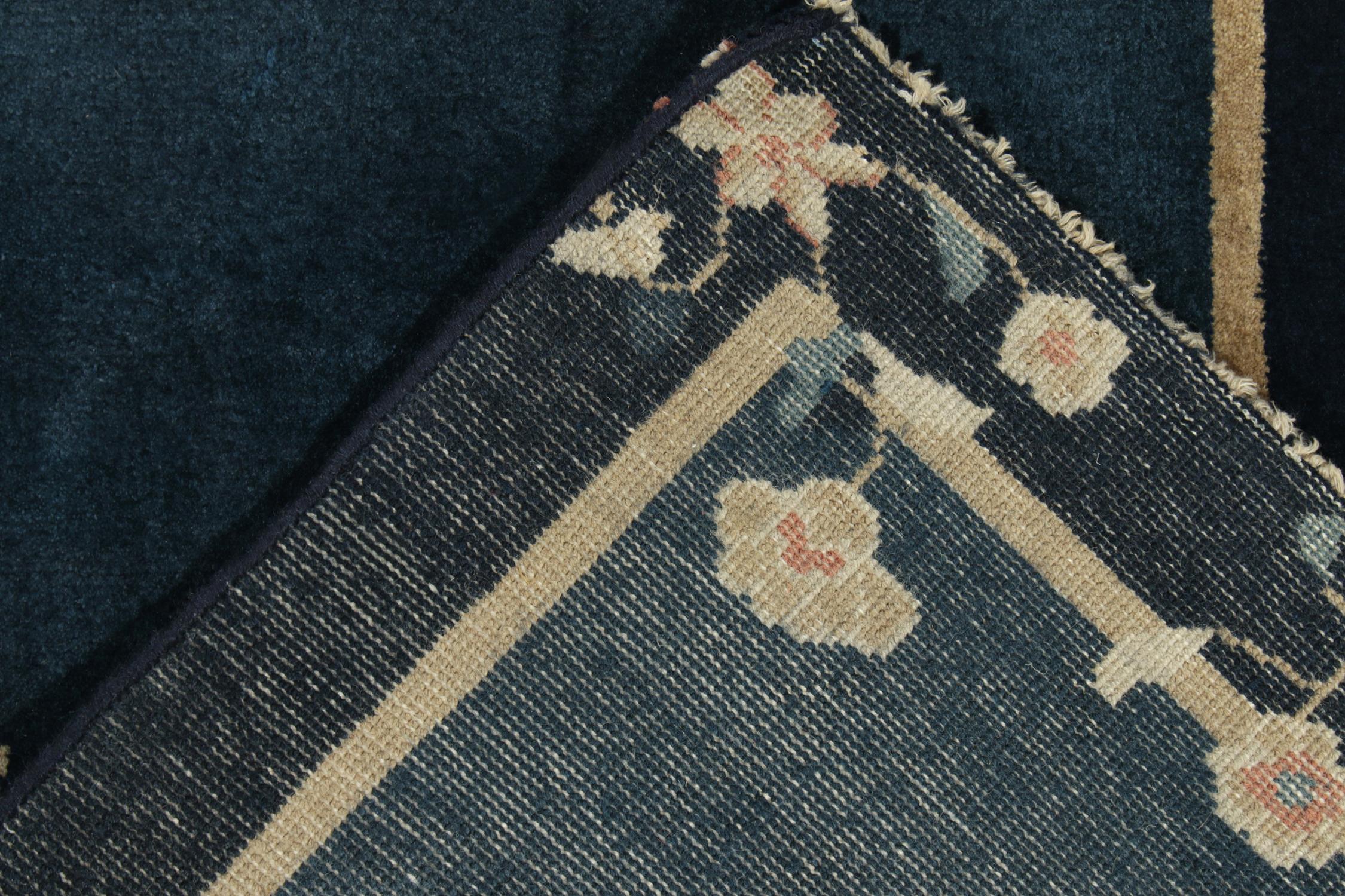 Wool Vintage Chinese Art Deco Rug in Blue & Beige Pictorial Medallion by Rug & kilim