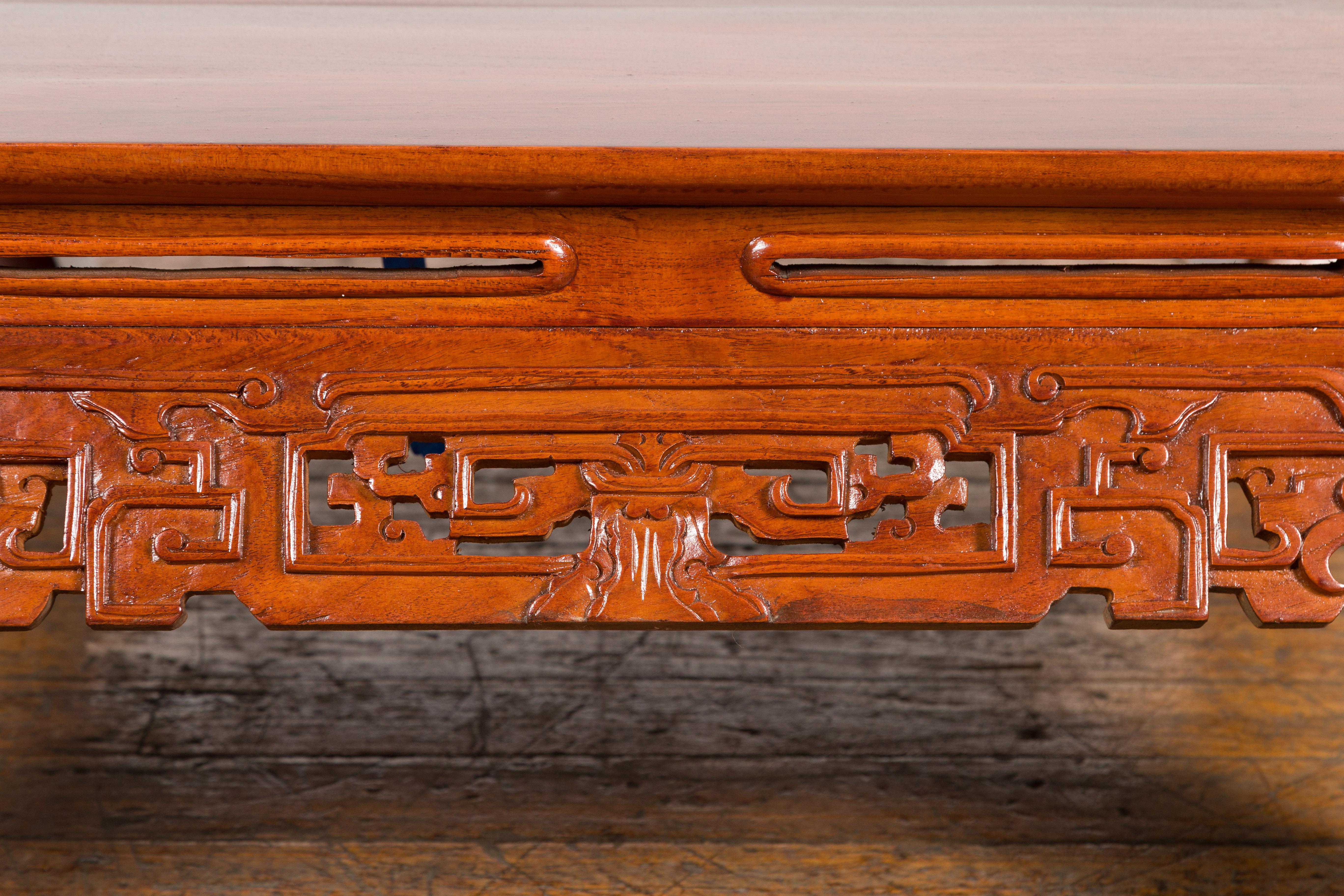 Vintage Chinese Style Low Kang Coffee Table with Carved Scrolls and Chow Legs For Sale 1