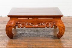 Vintage Low Kang Coffee Table with Carved Scrolls and Chow Legs