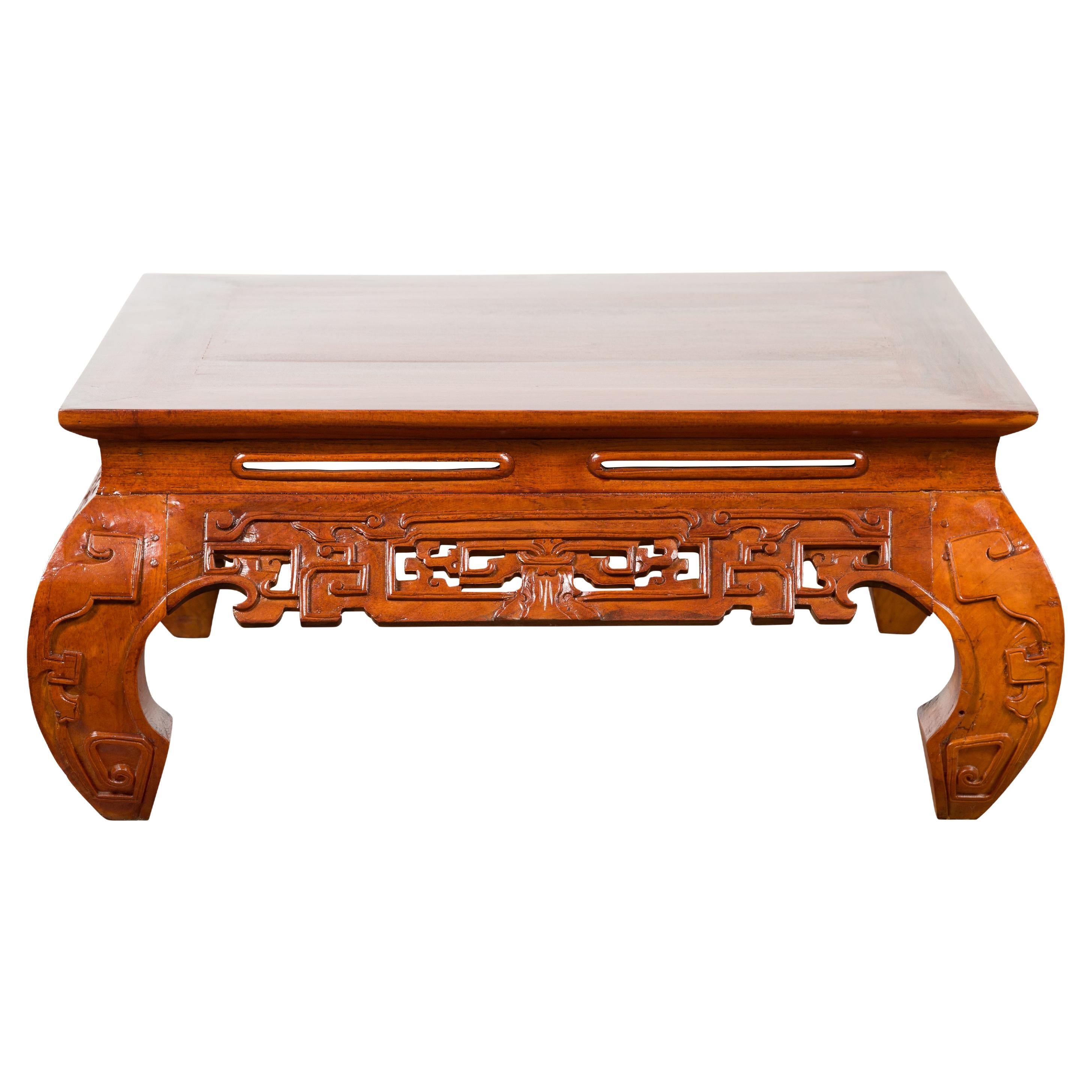 Vintage Chinese Style Low Kang Coffee Table with Carved Scrolls and Chow Legs For Sale