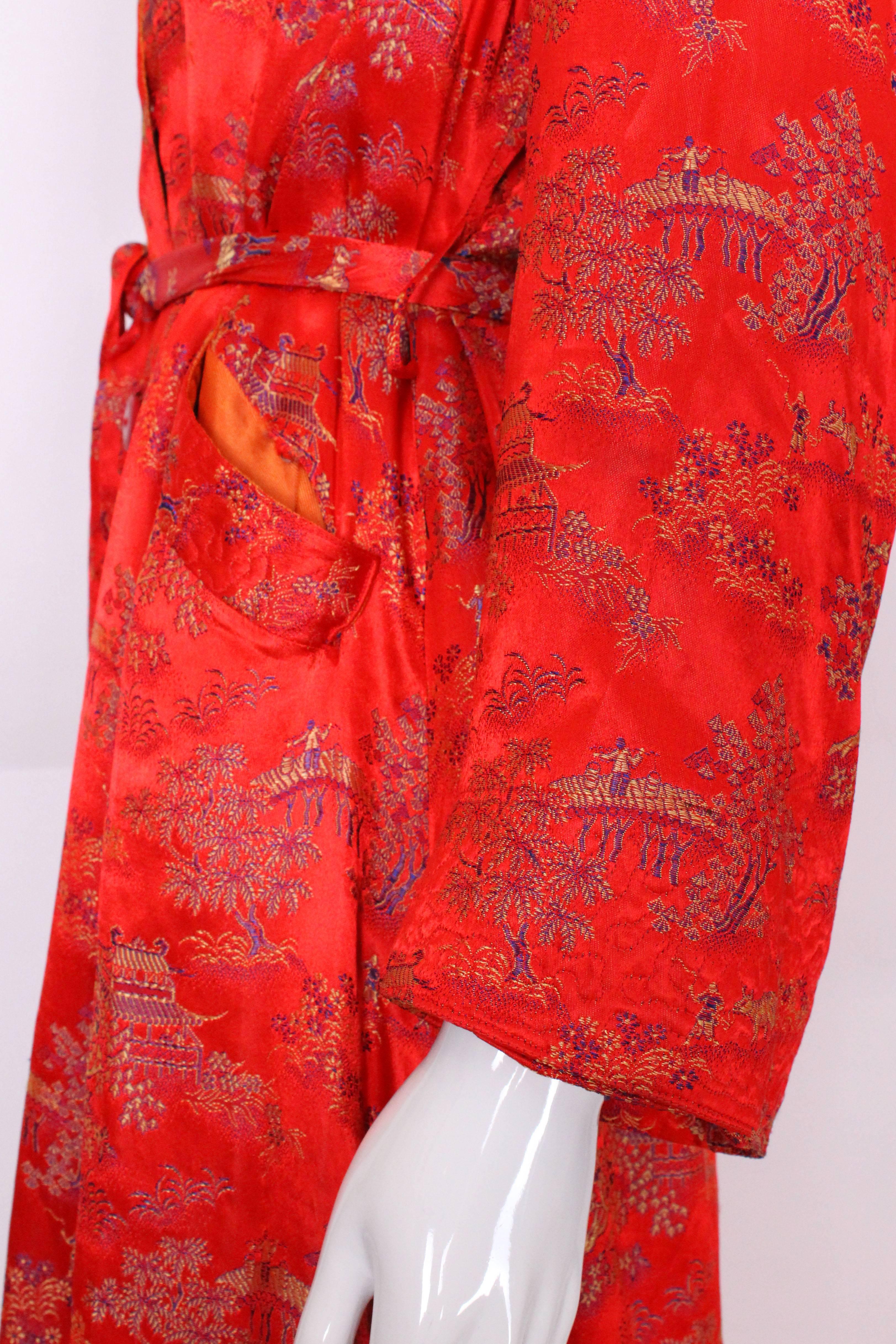Vintage  Chinese Style Red Silk Dressing Gown 1