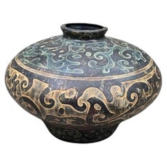 Vintage Chinese Style Studio Pottery Low-Profile Vase