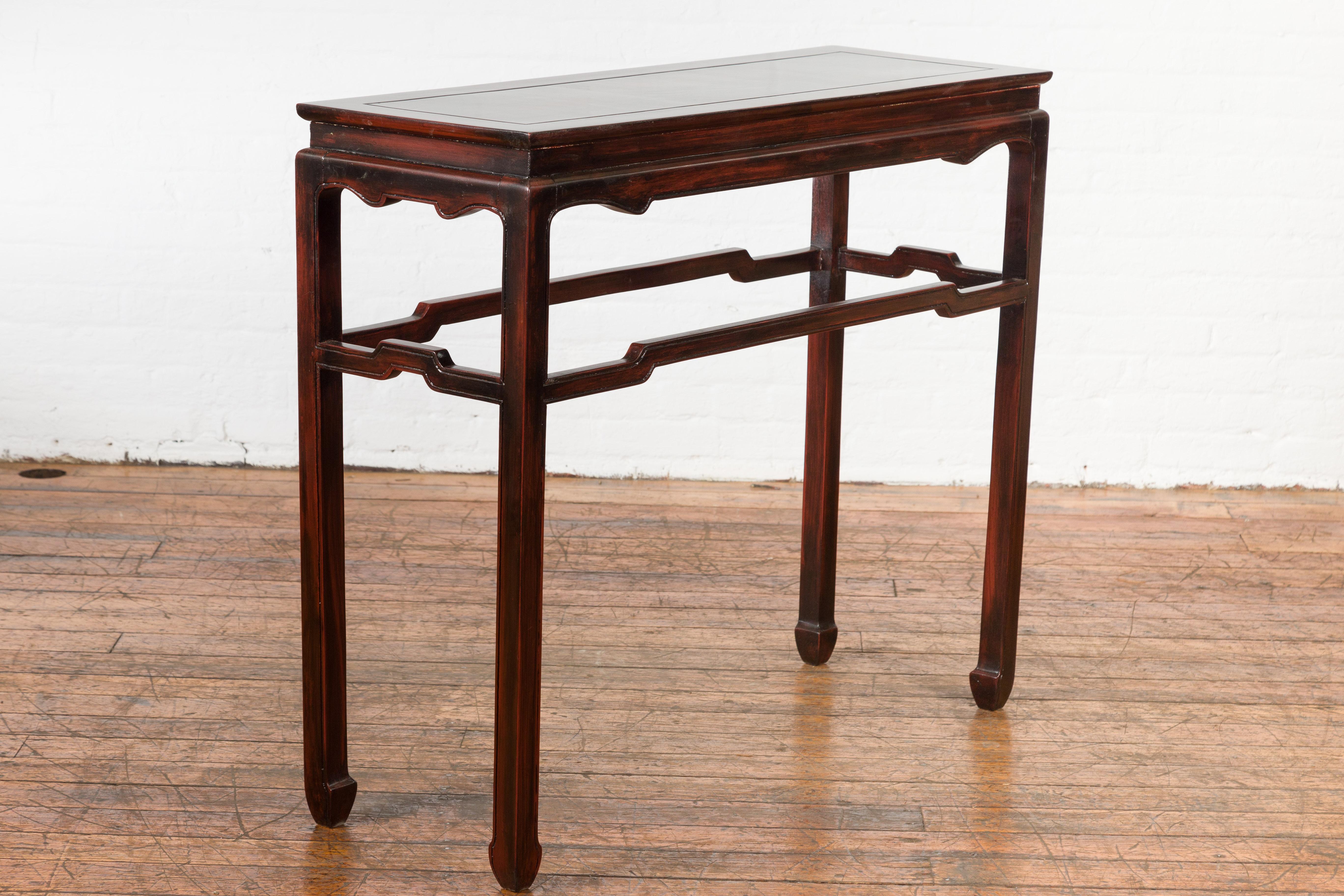 Thai Vintage Chinese Style Wine Console Table with Carved Apron and Custom Lacquer For Sale