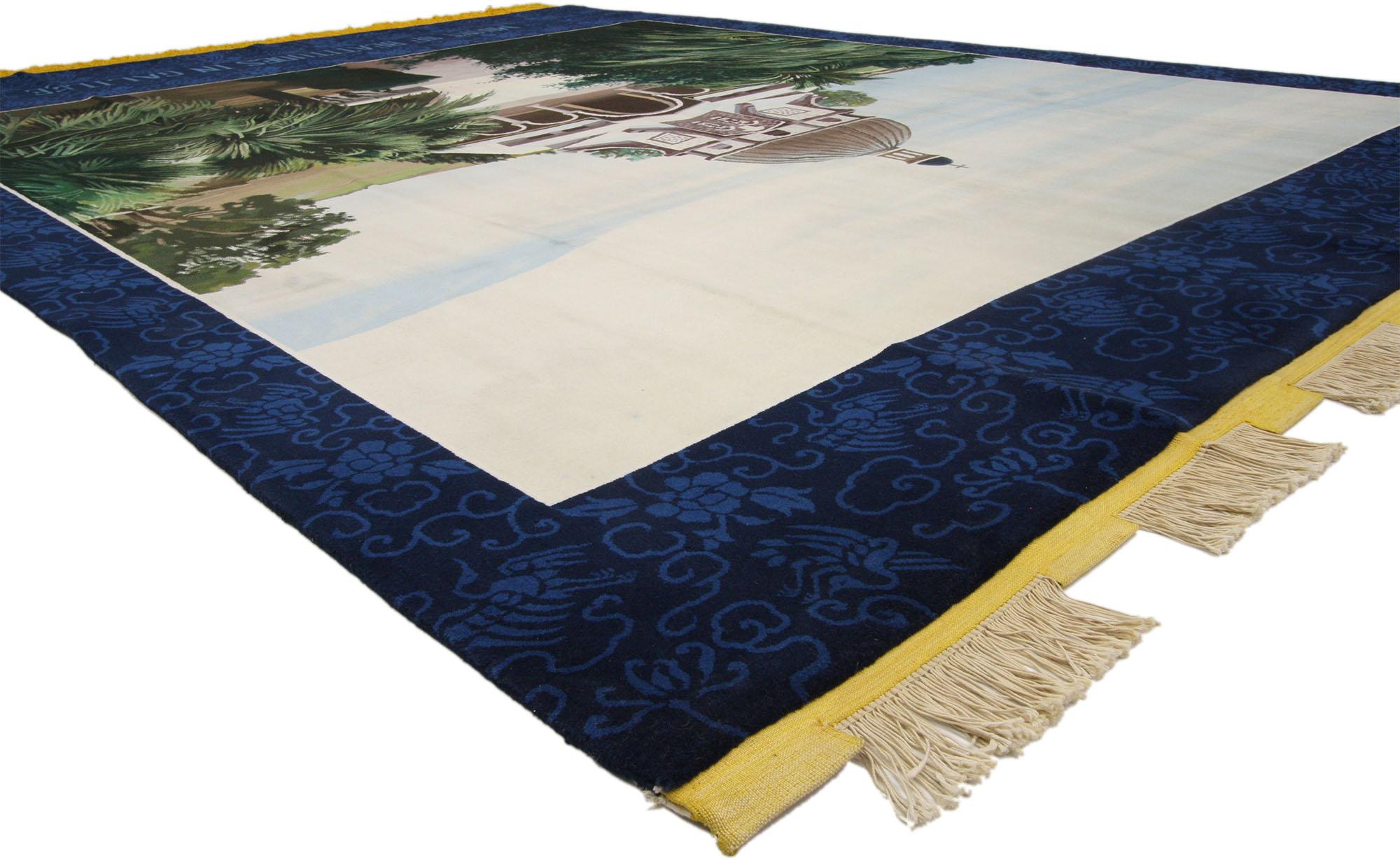 74929 Vintage Chinese Pictorial Rug, 08'00 x 11'00. This exquisite hand-knotted wool vintage Chinese pictorial rug captures the serene beauty of the Mount of Beatitudes in Galilee. The rug's central scene is a masterful depiction of the hill known