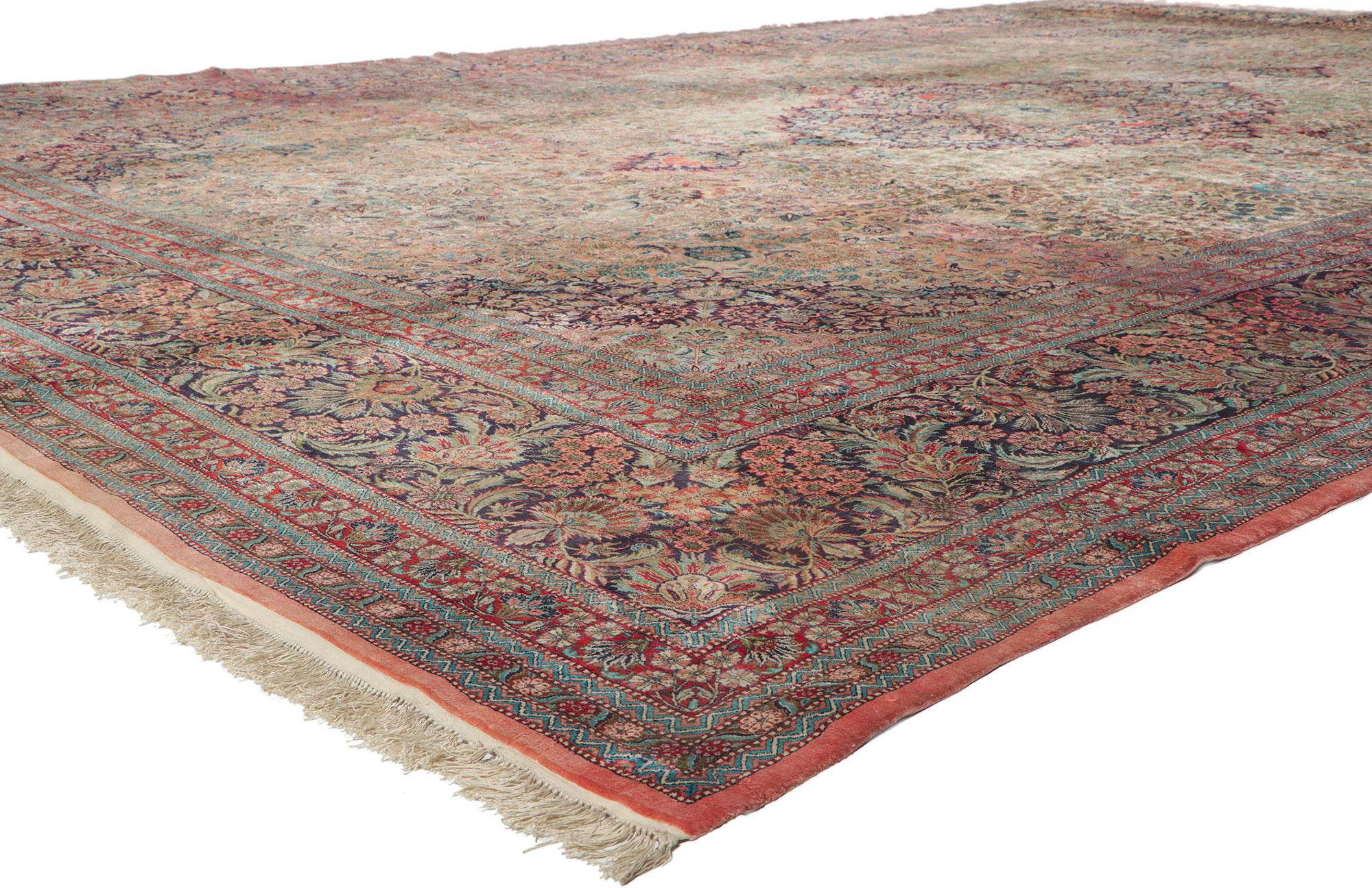 78337 Oversized Vintage Chinese Tabriz Silk Rug, 11'11 x 18'02. Emanating a timeless floral design, incredible detail and texture, this hand knotted silk vintage Chinese Tabriz rug is a captivating vision of woven beauty. The ornate details and