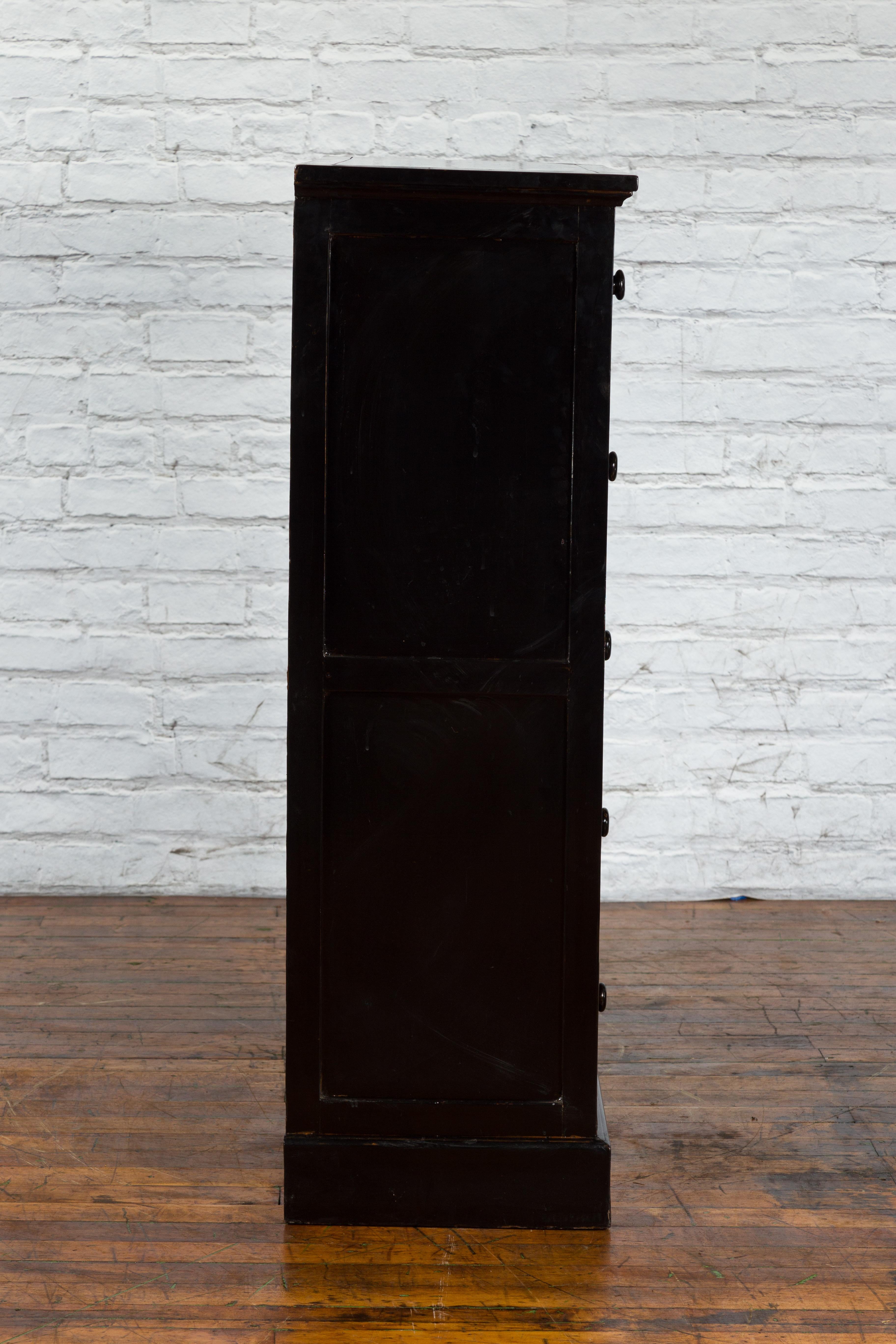 Vintage Chinese Tall Black Lacquered Elmwood Chest with Six Drawers For Sale 6