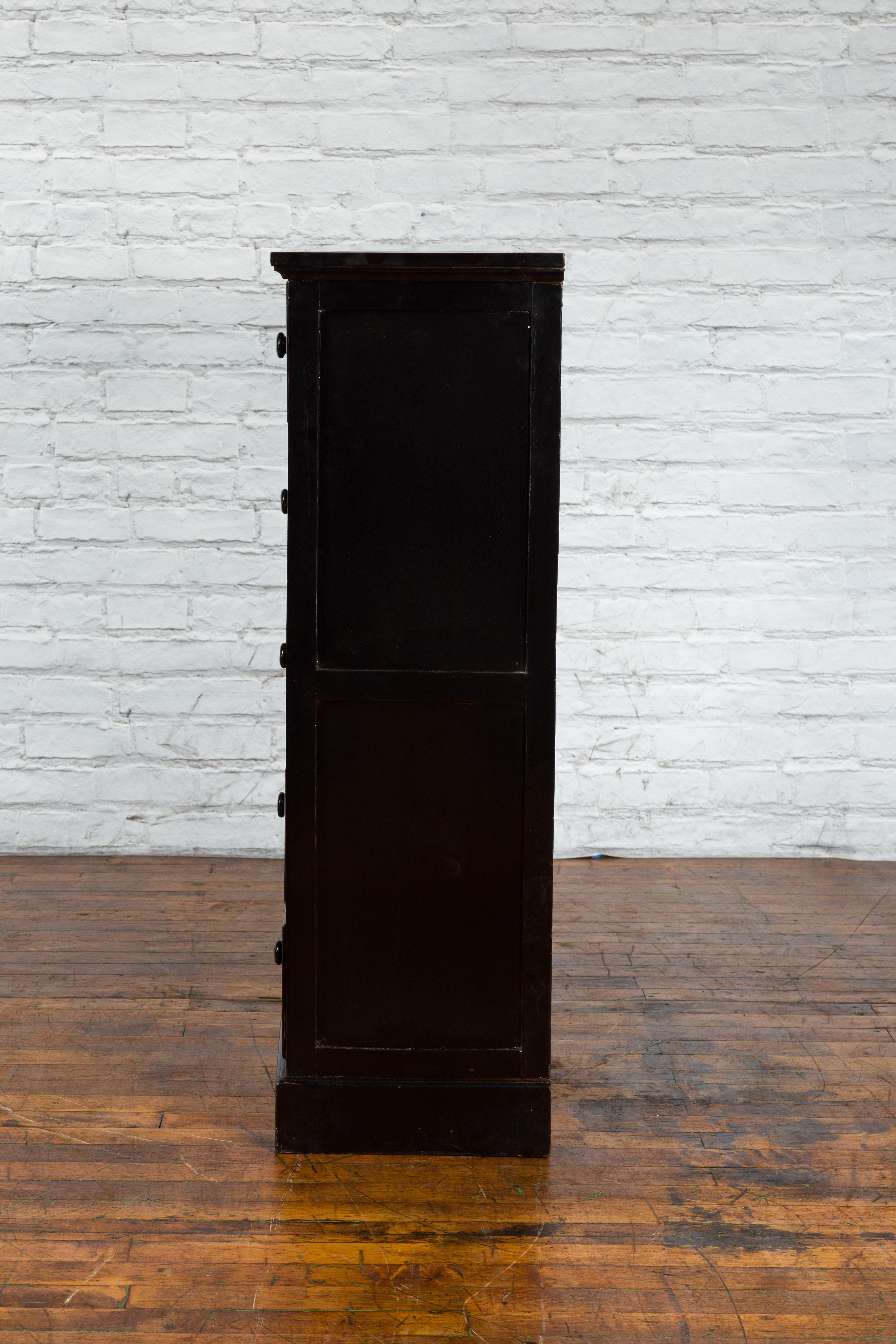 Vintage Chinese Tall Black Lacquered Elmwood Chest with Six Drawers For Sale 8
