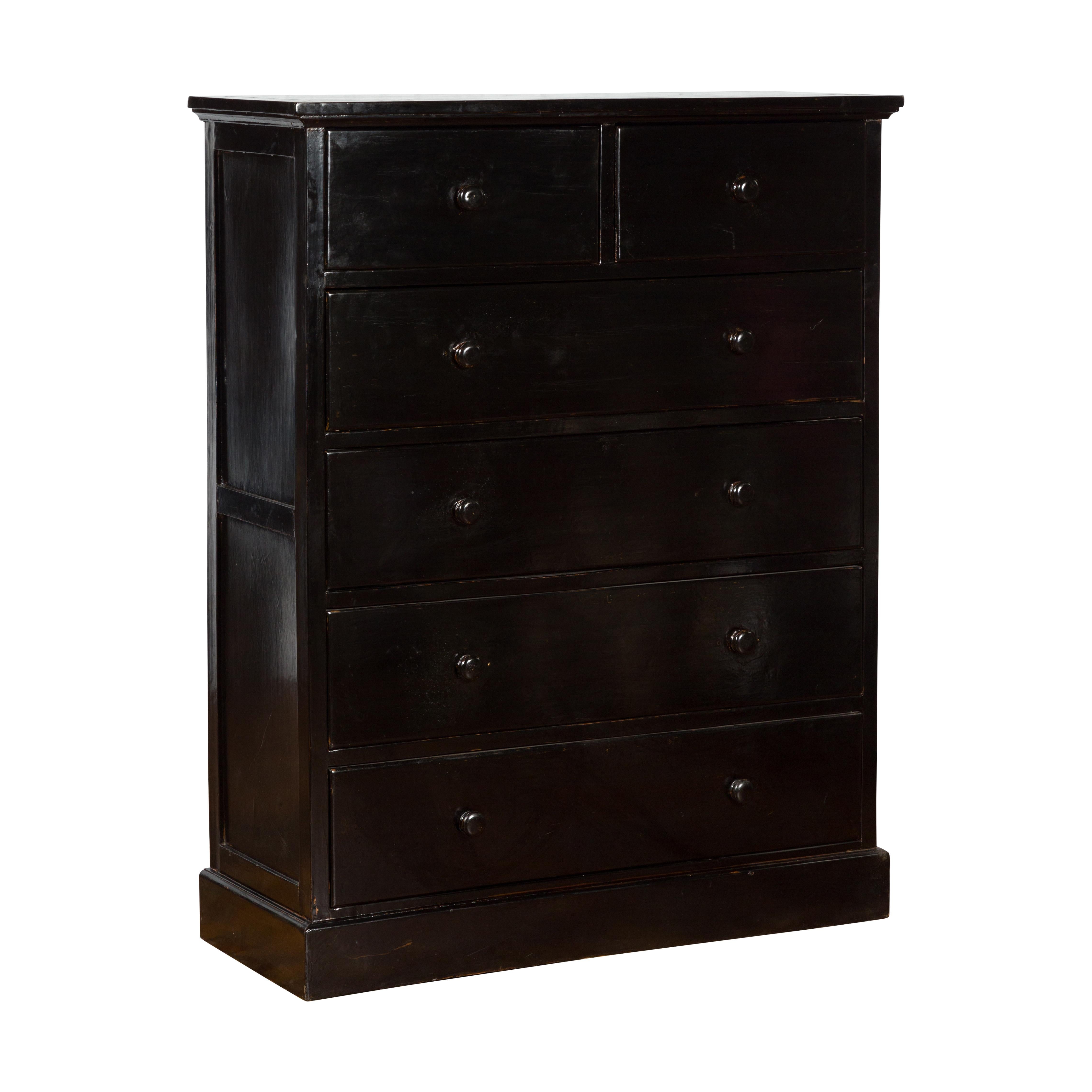 Vintage Chinese Tall Black Lacquered Elmwood Chest with Six Drawers For Sale 9