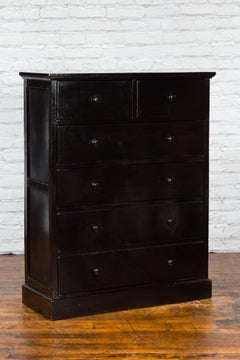Tall Black Lacquered Elmwood Chest with Six Drawers and Wooden Pulls
