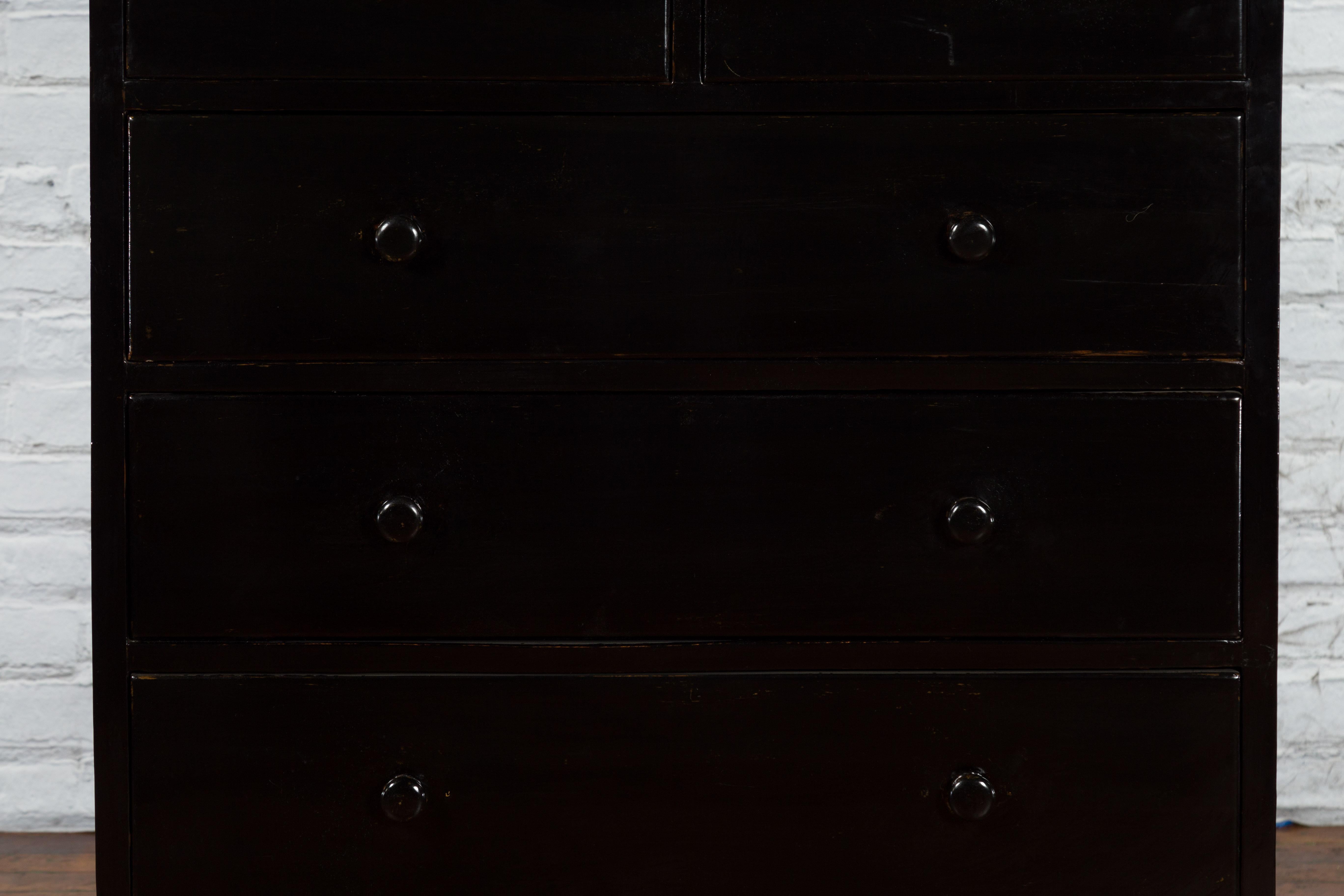 Vintage Chinese Tall Black Lacquered Elmwood Chest with Six Drawers For Sale 2