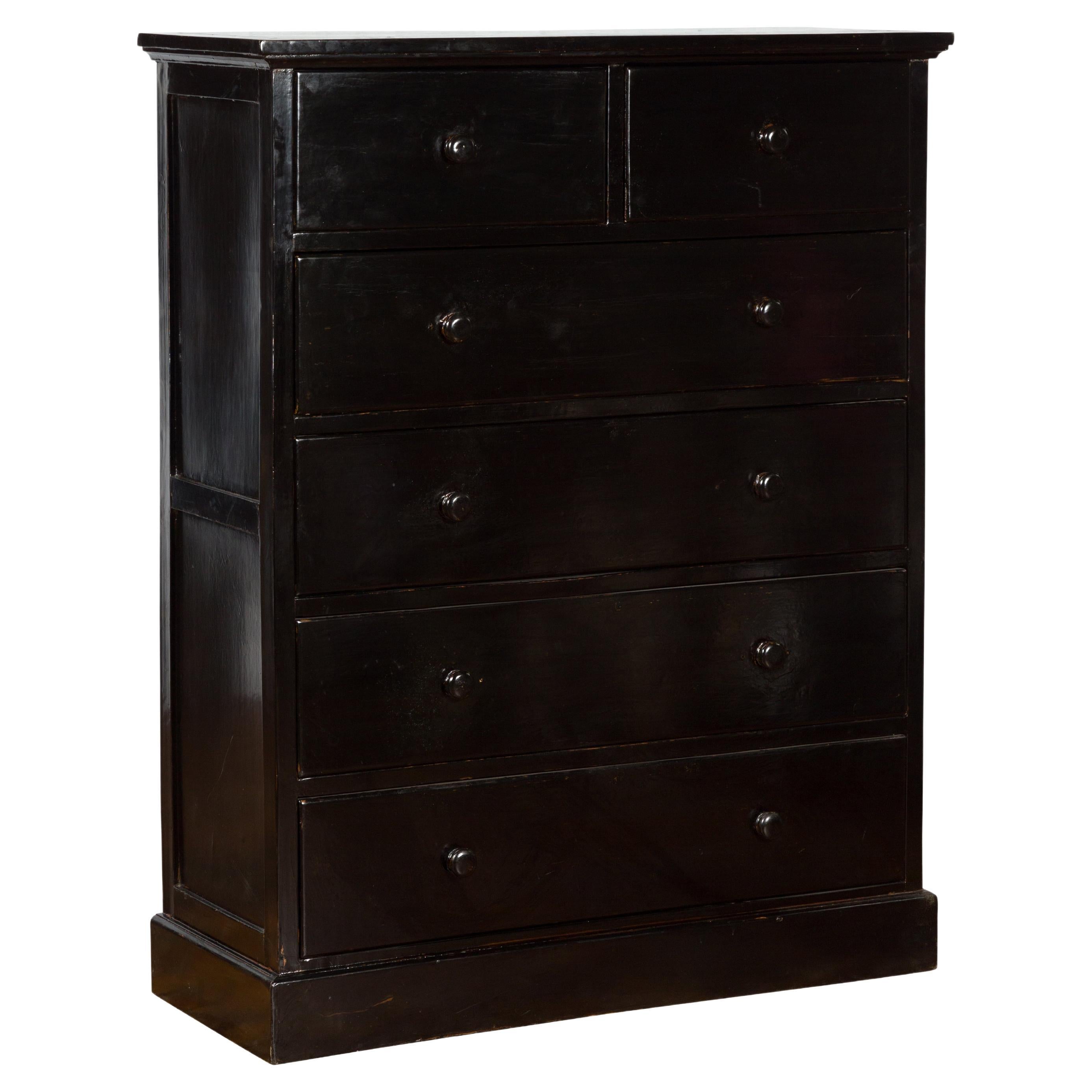 Vintage Chinese Tall Black Lacquered Elmwood Chest with Six Drawers For Sale