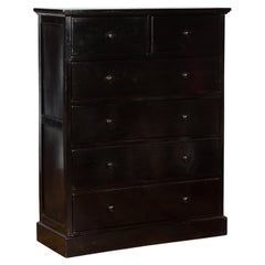 Vintage Chinese Tall Black Lacquered Elmwood Chest with Six Drawers