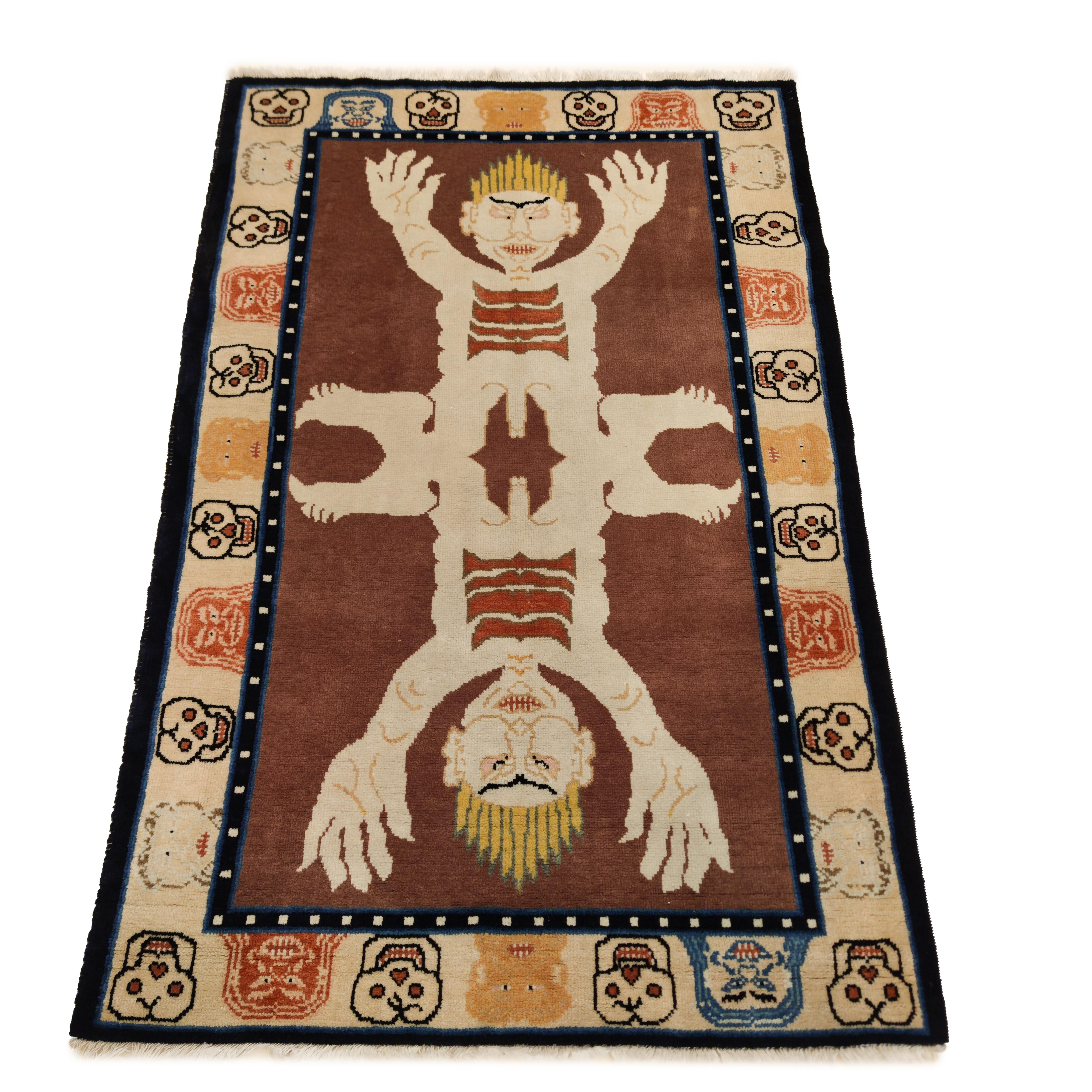 Tantric rugs were employed by Vajrayana Buddhists as seats of power during the practice of esoteric rites associated with protective deities. 

The peculiar imagery depicted in these rugs symbolise the power of detachment from one's body,