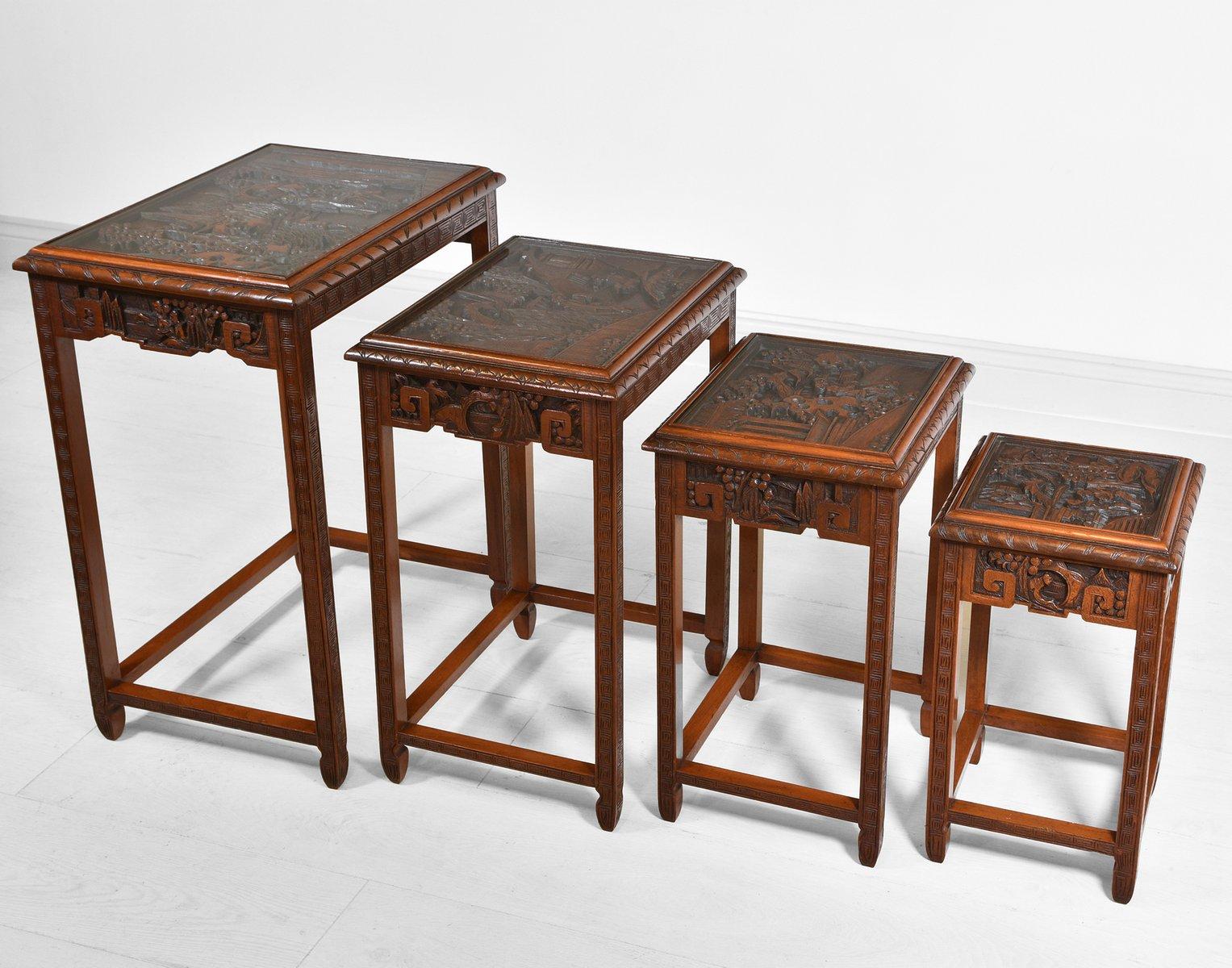 Vintage Chinese Teak Carved Quartetto Nest of Four Tables with Drawer 5