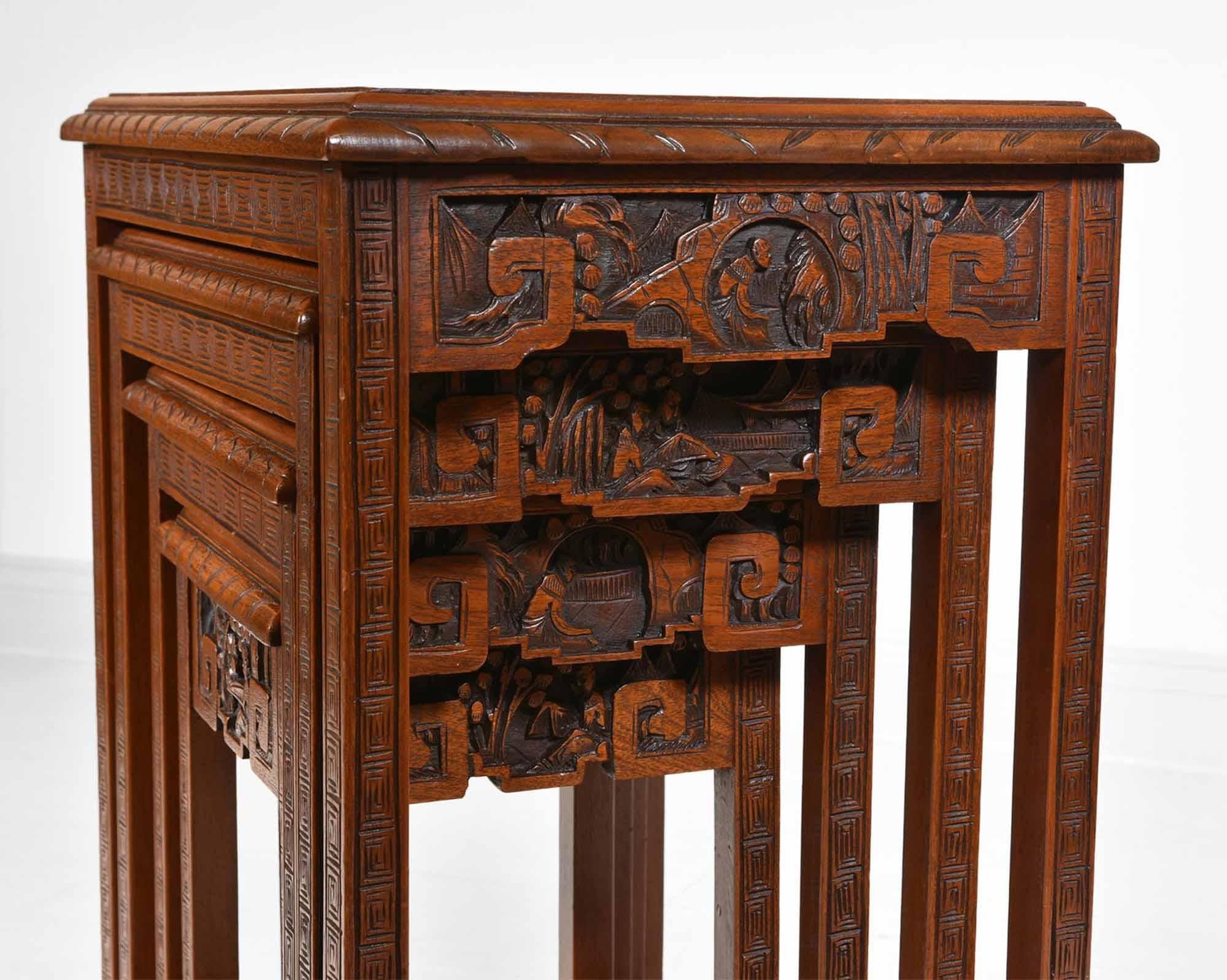 Chinese Export Vintage Chinese Teak Carved Quartetto Nest of Four Tables with Drawer