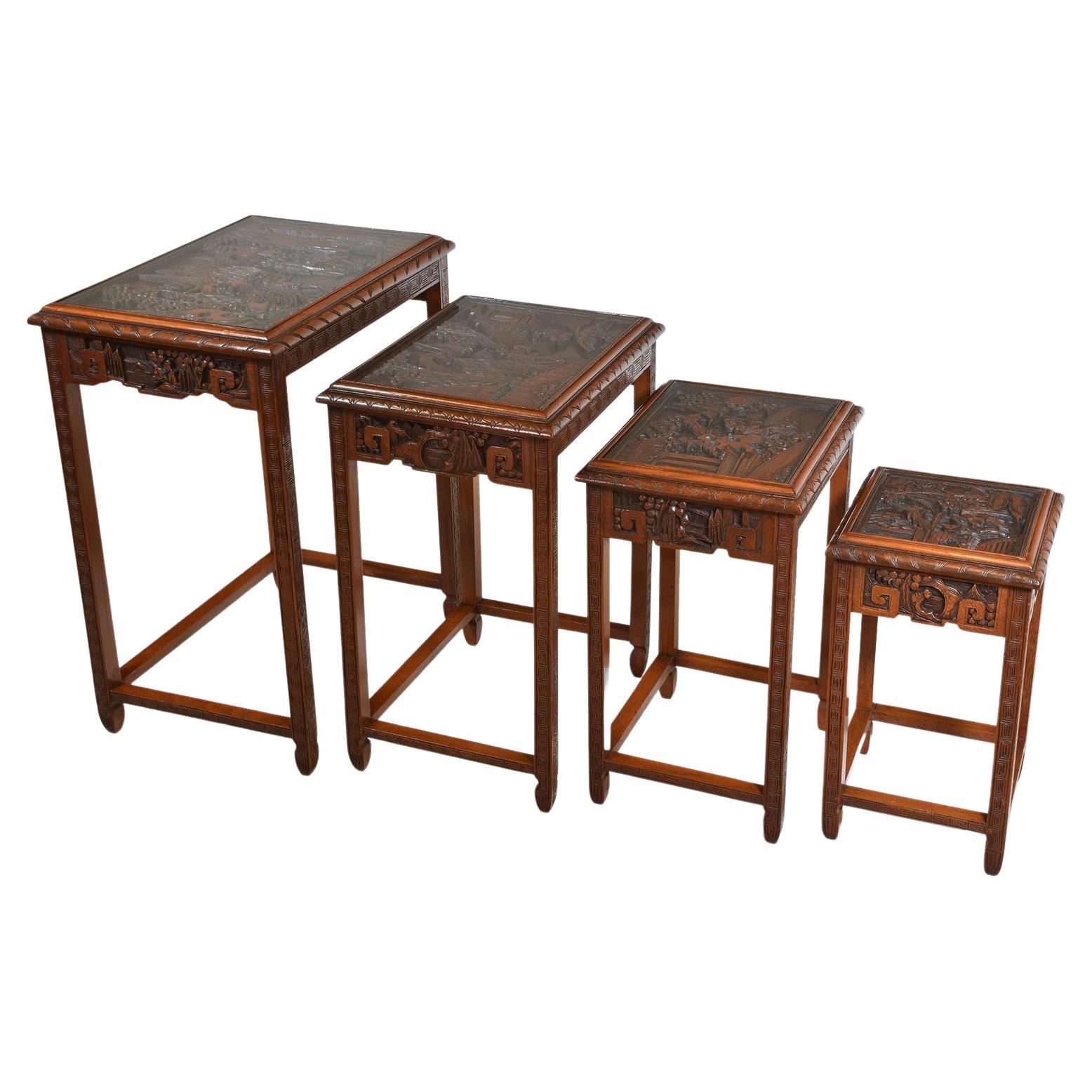 Vintage Chinese Teak Carved Quartetto Nest of Four Tables with Drawer