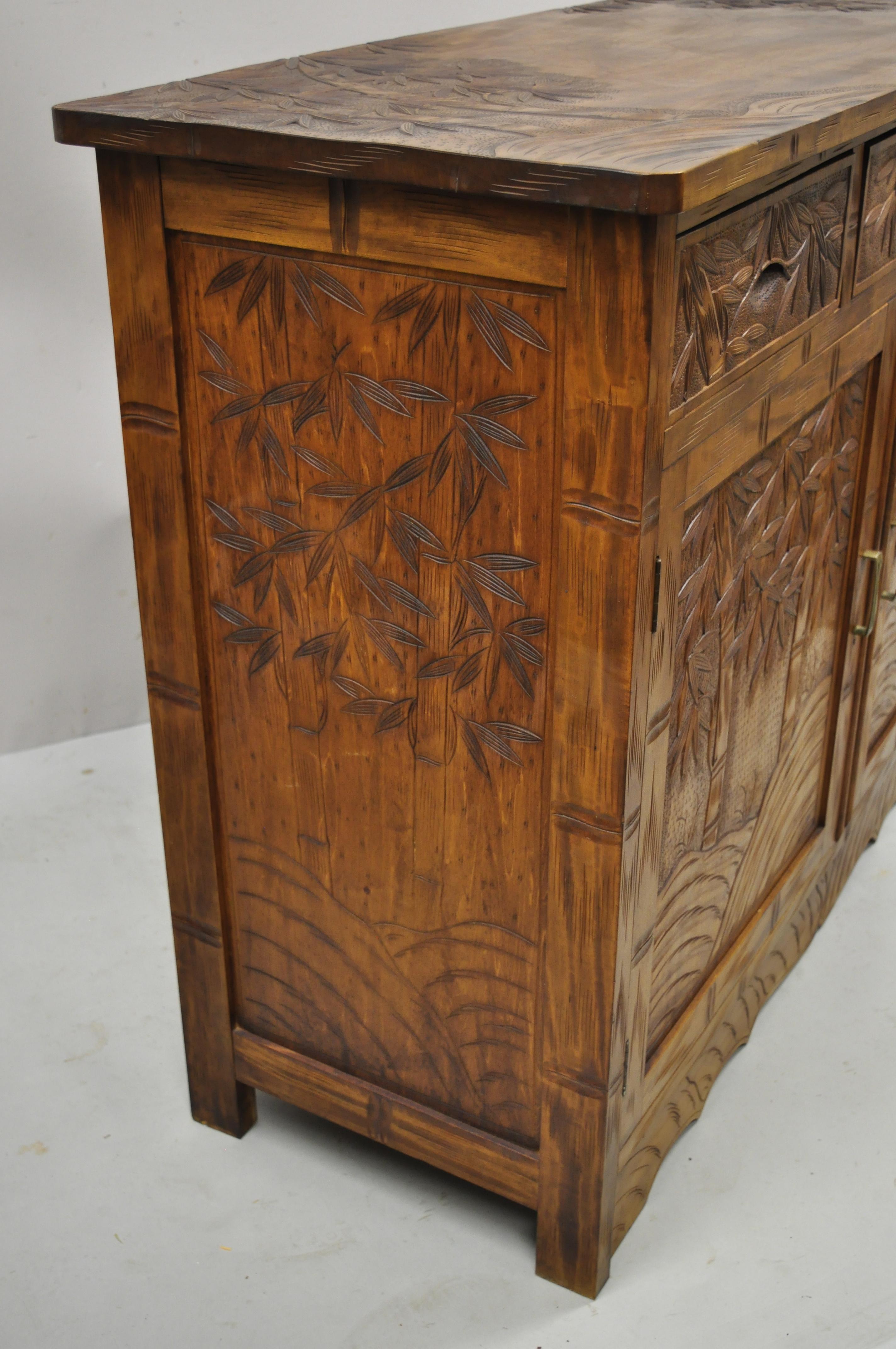 Vintage Chinese Teak Wood Carved Bamboo Tree Sideboard Buffet Cabinet 5