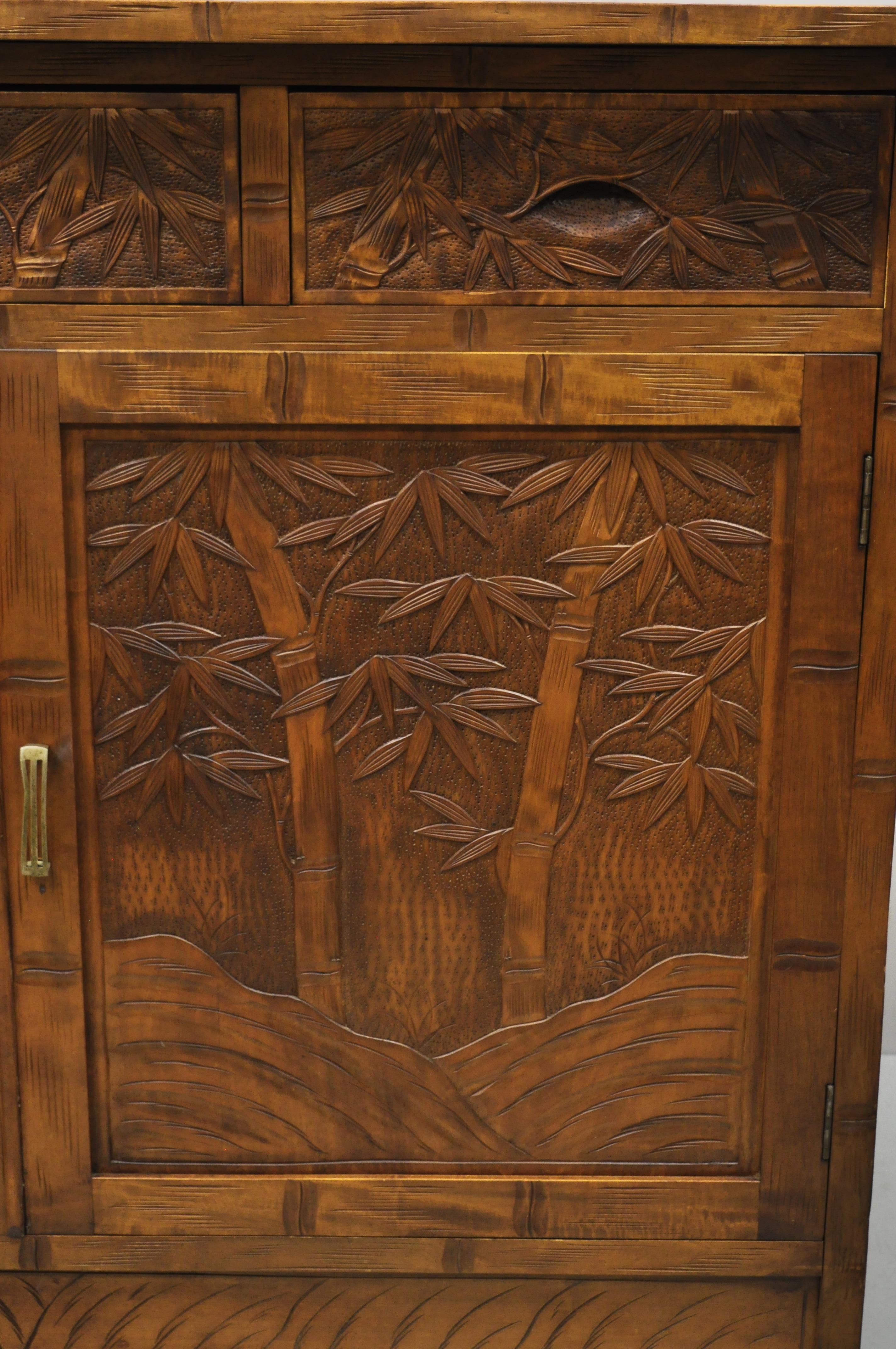 Vintage Chinese Teak Wood Carved Bamboo Tree Sideboard Buffet Cabinet 6